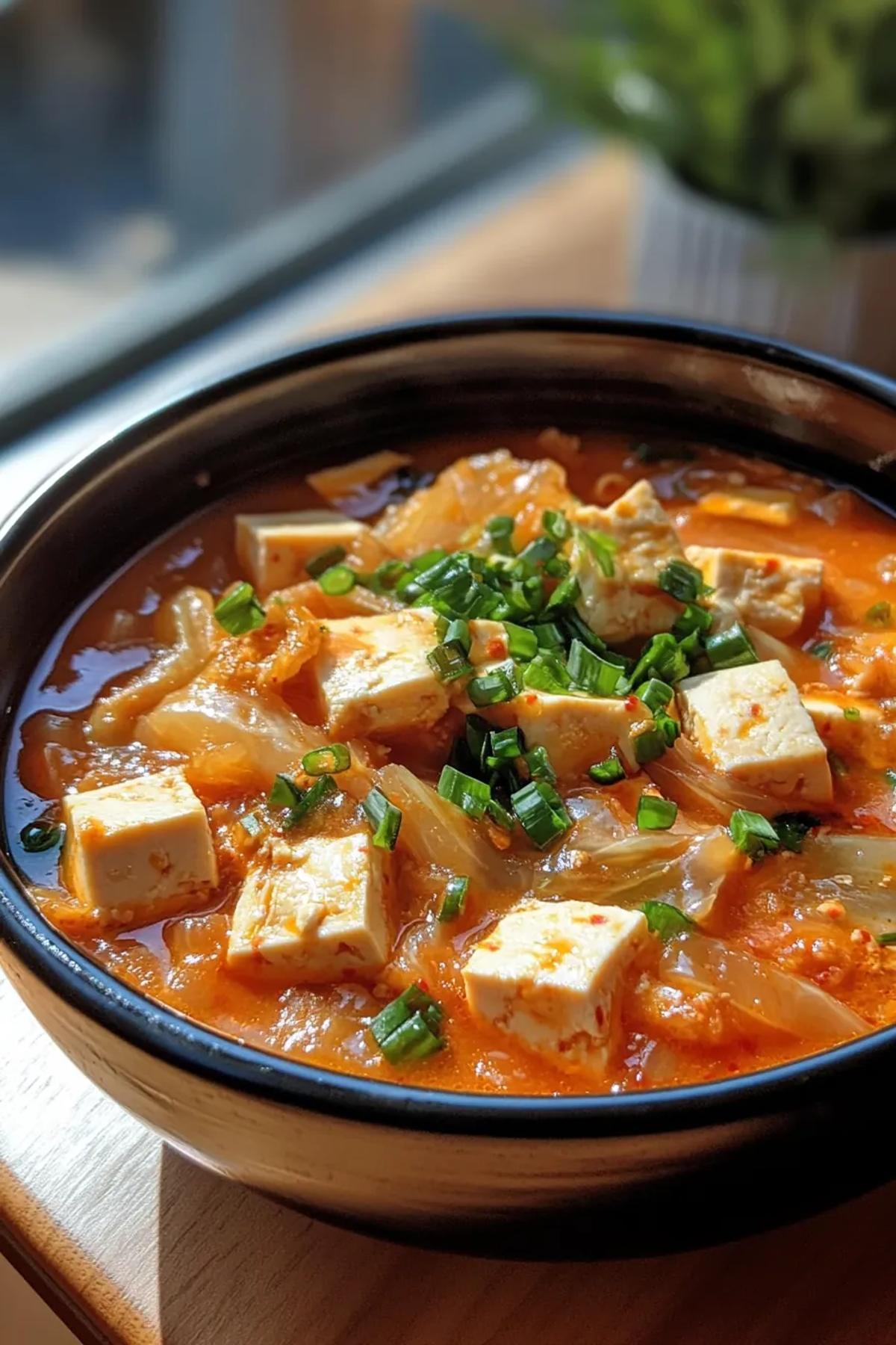 A vibrant bowl of slow cook kimchi stew showcasing bubbling red broth, tender tofu cubes, sliced pork belly, and a sprinkle of scallions, served in a rustic ceramic pot with steam rising, inviting diners to dive in.