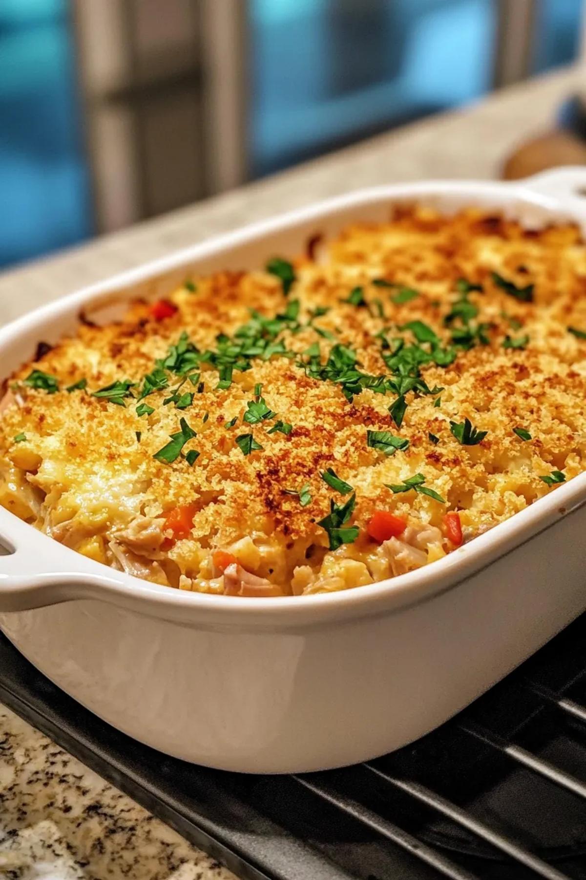 A creamy one pot tuna casserole in a cast iron skillet, topped with golden breadcrumbs and fresh parsley. card