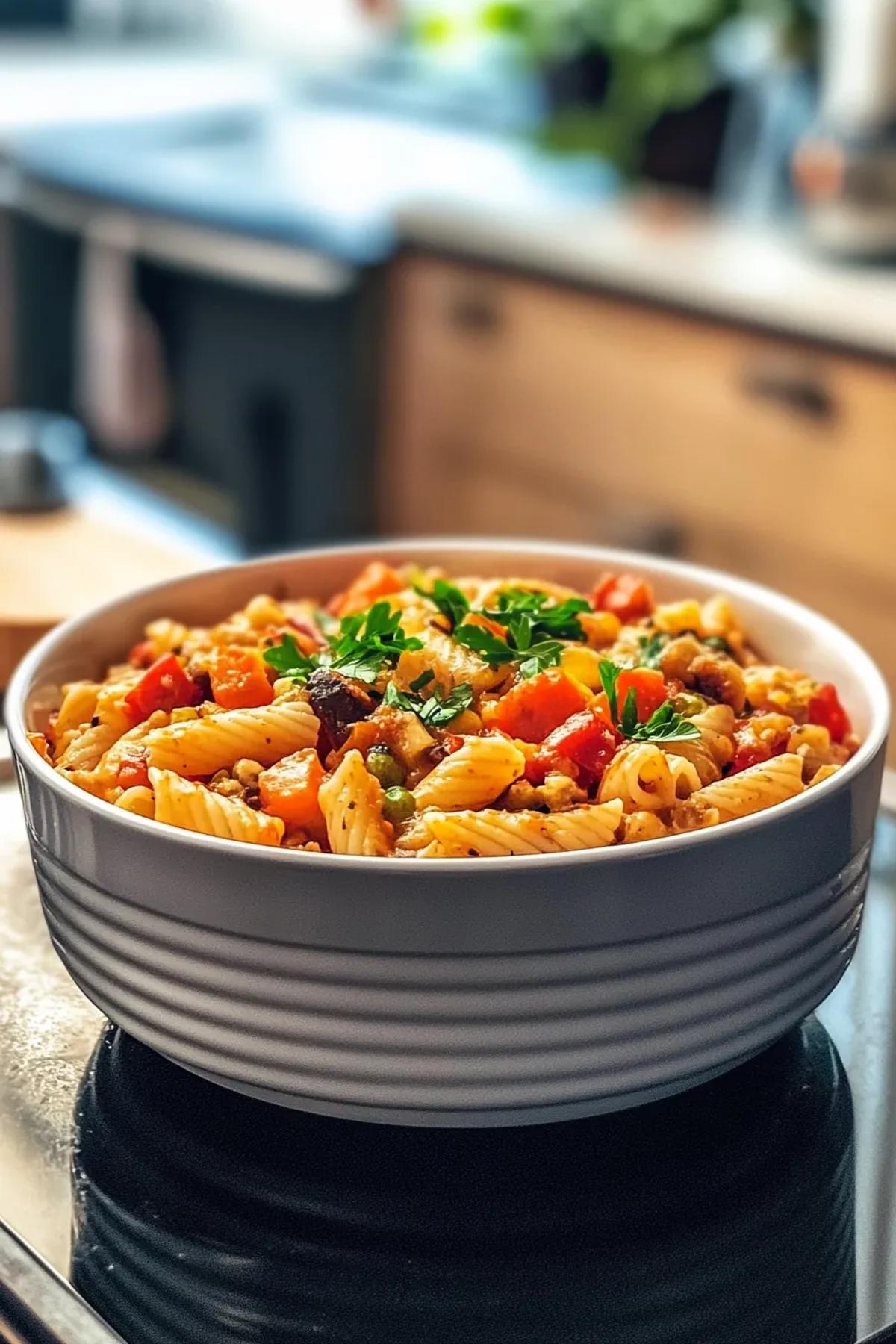 A bubbling slow cooker pasta casserole topped with golden melted cheese, speckled with colorful random vegetables, served in a rustic cast‑iron pot with a side of fresh herbs. card