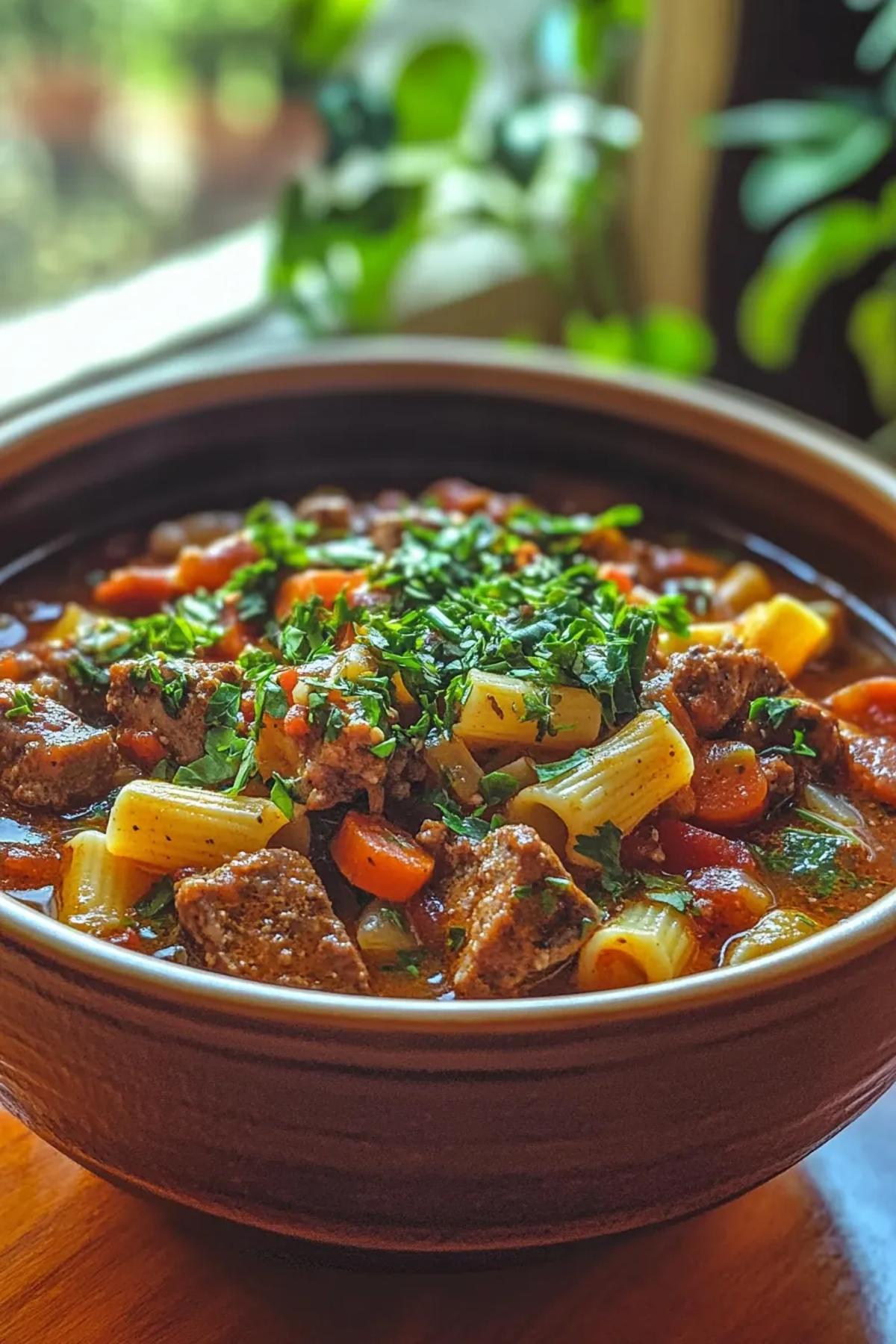 A steaming bowl of slow cooker stew with pasta, showcasing tender beef chunks, vibrant carrots, peas, and twirled pasta noodles, garnished with fresh parsley on a rustic wooden table.