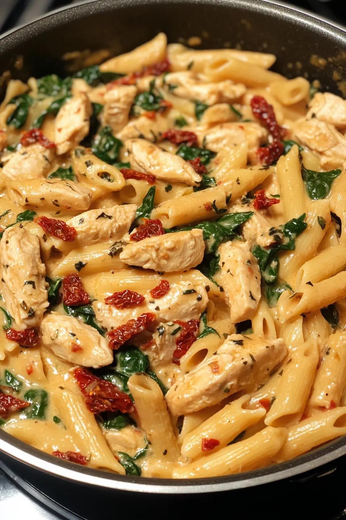 A mouthwatering creamy chicken pasta pot, filled with tender chicken pieces, vibrant green spinach, and sun-dried tomatoes, all coated in a luscious, creamy sauce. card