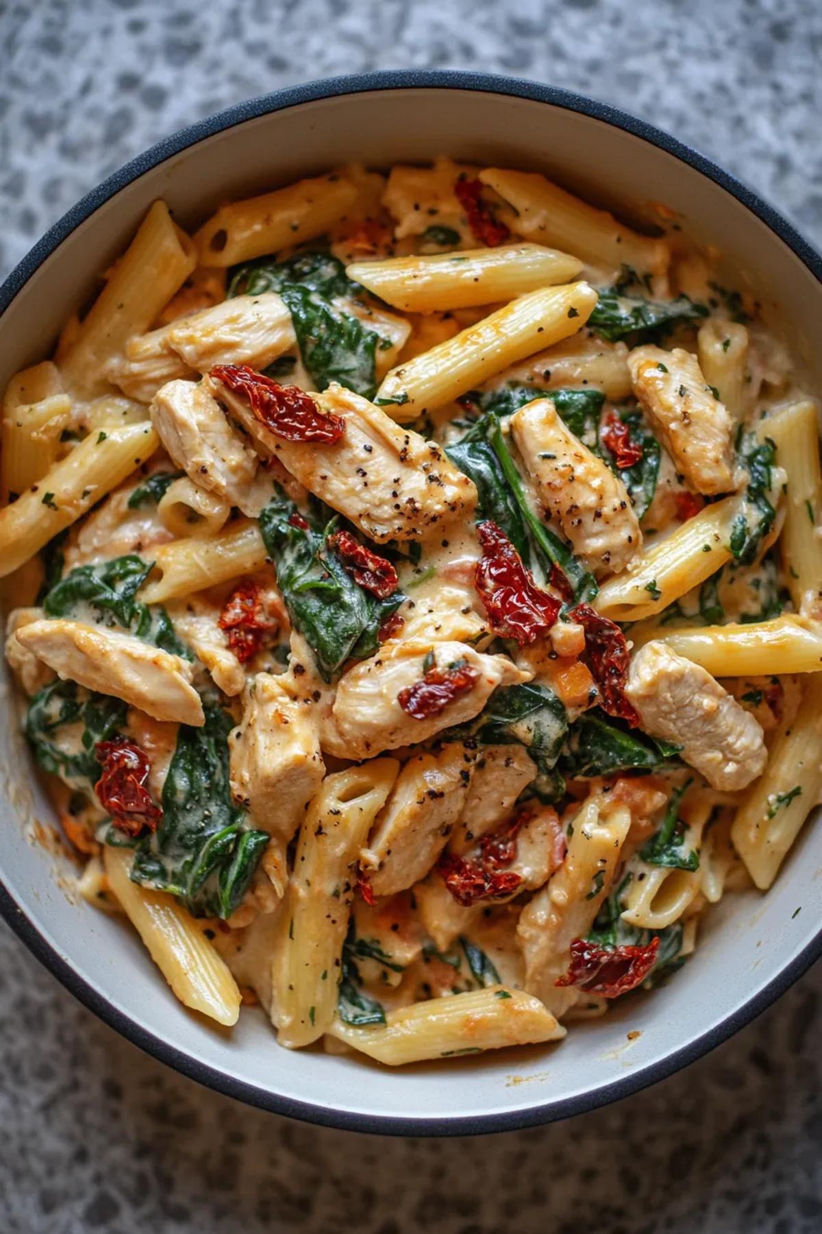 A mouthwatering creamy chicken pasta pot, filled with tender chicken pieces, vibrant green spinach, and sun-dried tomatoes, all coated in a luscious, creamy sauce.