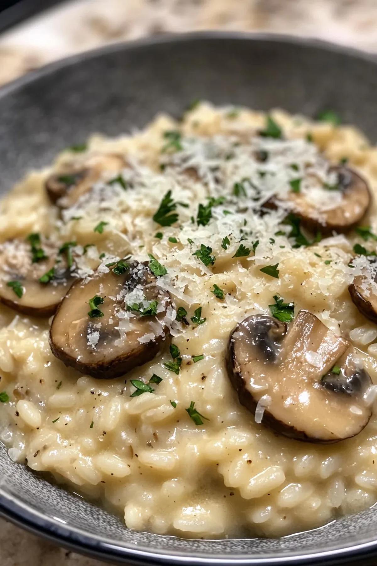 A bowl of creamy garlic mushroom risotto topped with fresh herbs, showcasing the rich and velvety texture of the gluten free mushroom dish. card