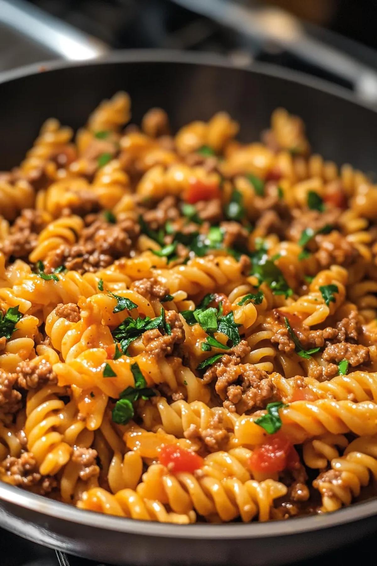 A hearty creamy ground beef pasta skillet, showcasing tender pasta enveloped in a luscious sauce, garnished with fresh parsley and a sprinkle of parmesan cheese. card