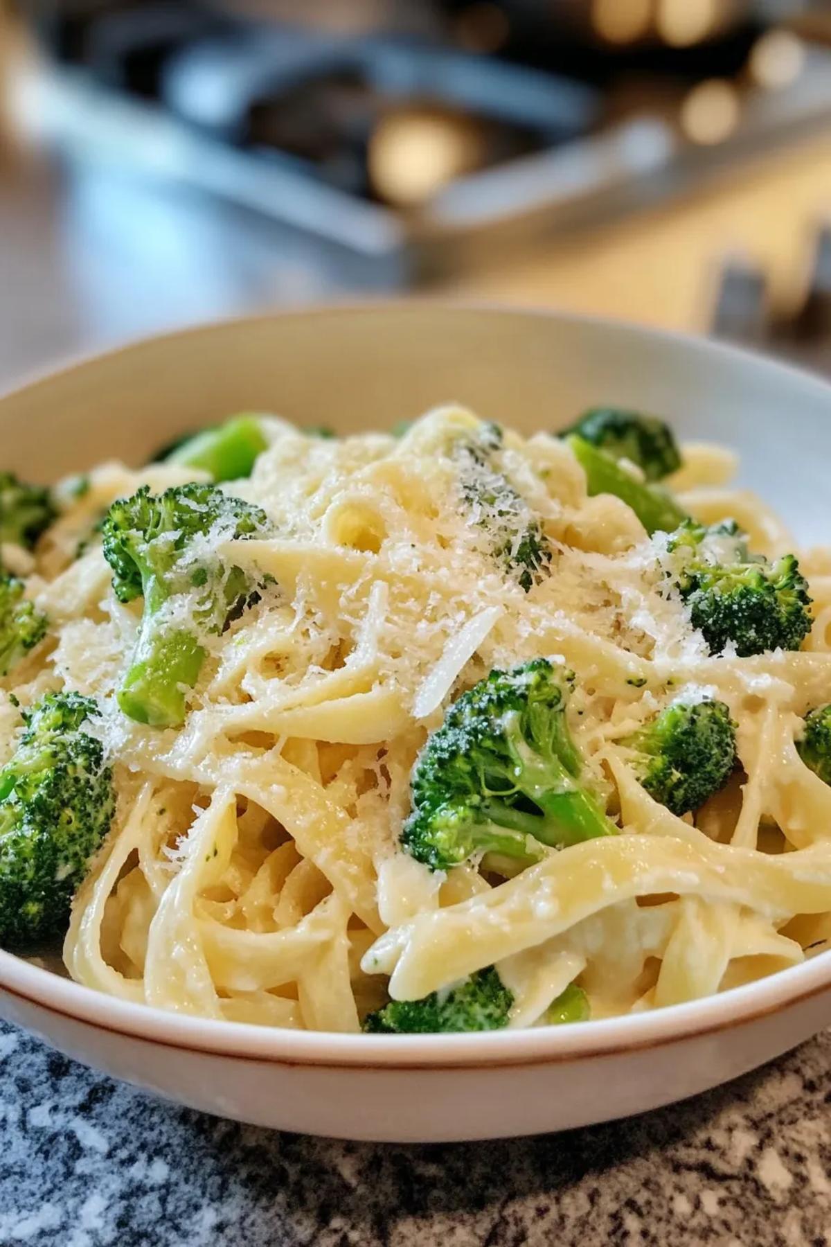 Delicious one pot broccoli pasta featuring vibrant green broccoli florets and creamy sauce, garnished with fresh Parmesan and black pepper. card