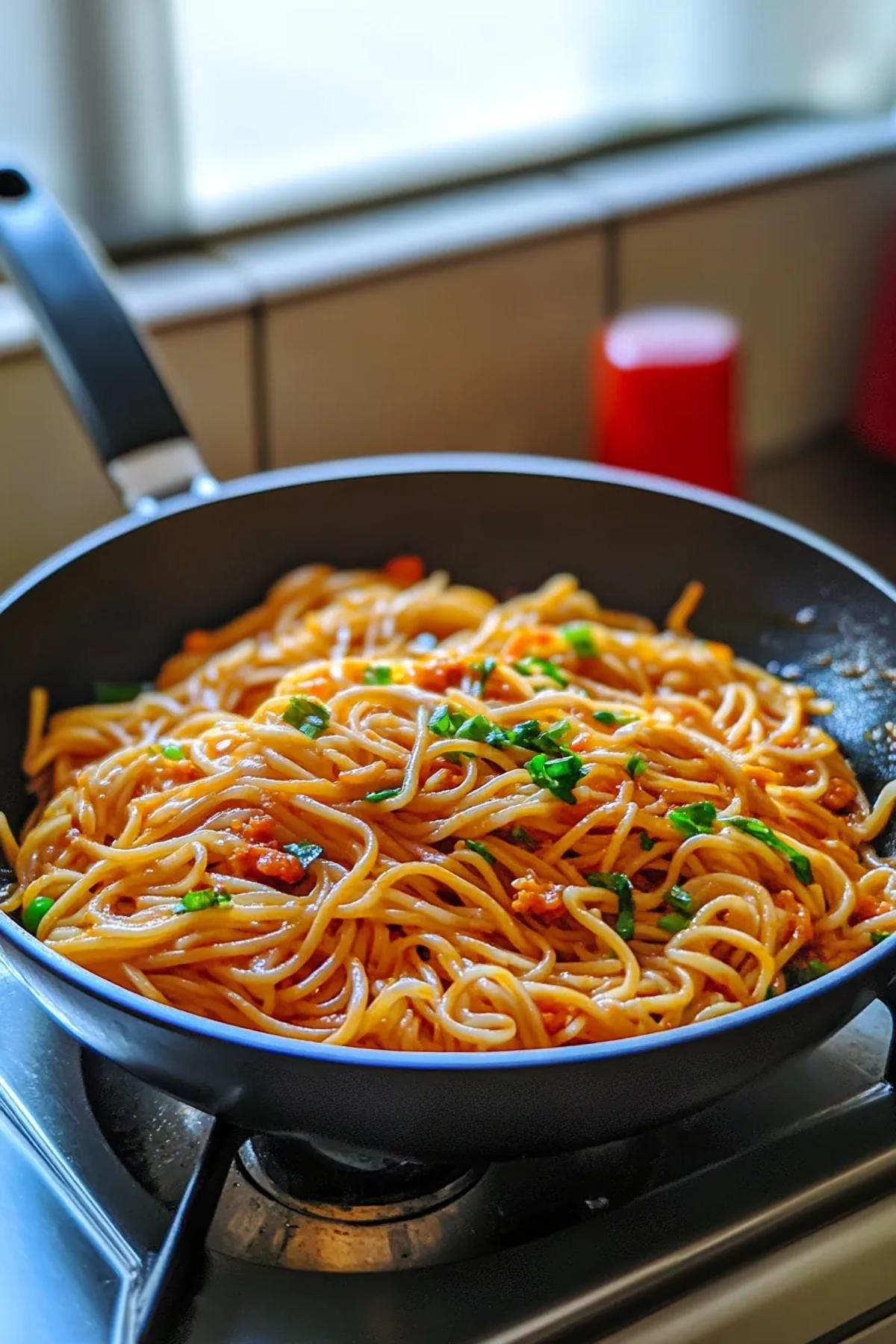 One pot coconut gochujang noodles served in a rustic bowl, with a creamy sauce, vibrant red pepper slices, and fresh cilantro garnish, creating a colorful and appetizing dish. card
