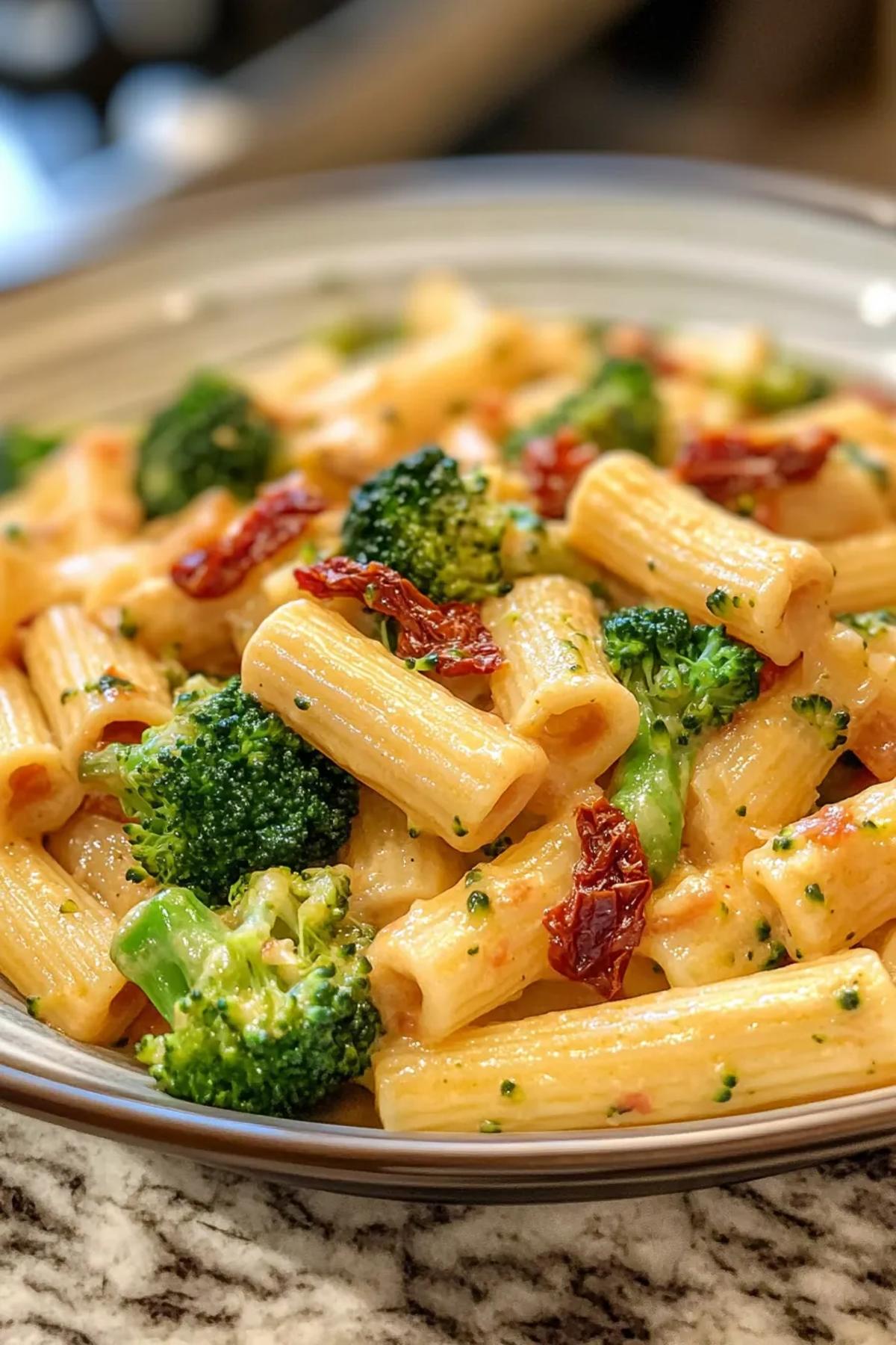 A delicious creamy one pot pasta recipe with broccoli and sun-dried tomatoes, served in a rustic bowl garnished with fresh basil. card
