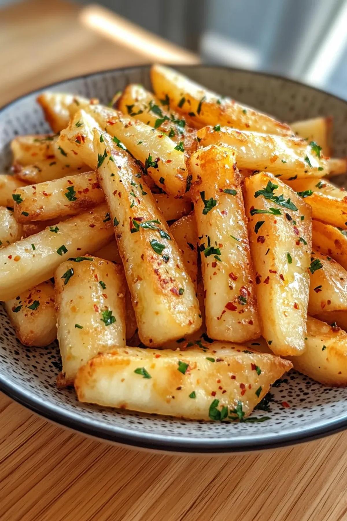 Crispy air fry aldi halloumi cheese fries served in a rustic basket, garnished with herbs and accompanied by a creamy dipping sauce. card