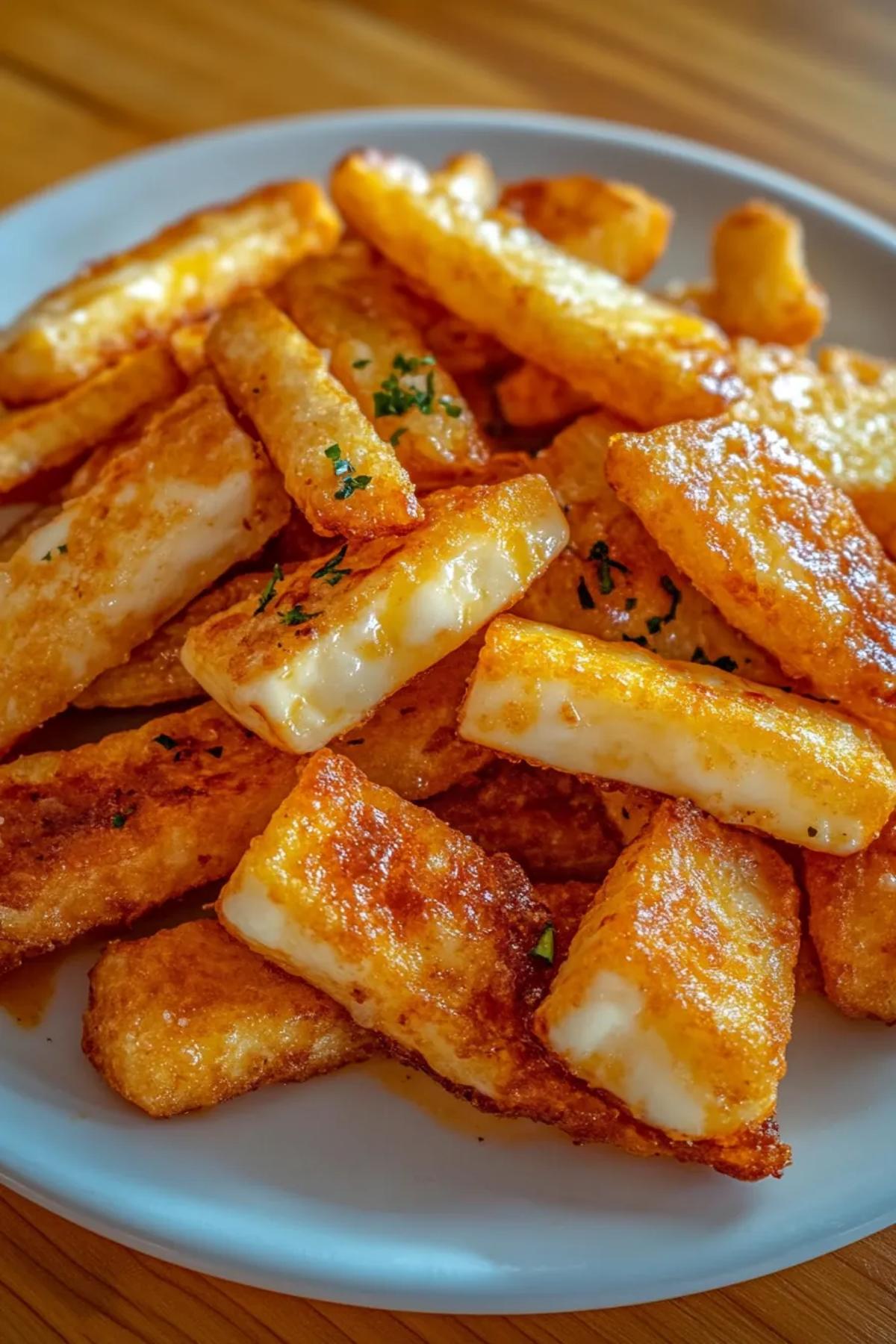 Crispy air fry aldi halloumi cheese fries served in a rustic basket, garnished with herbs and accompanied by a creamy dipping sauce.