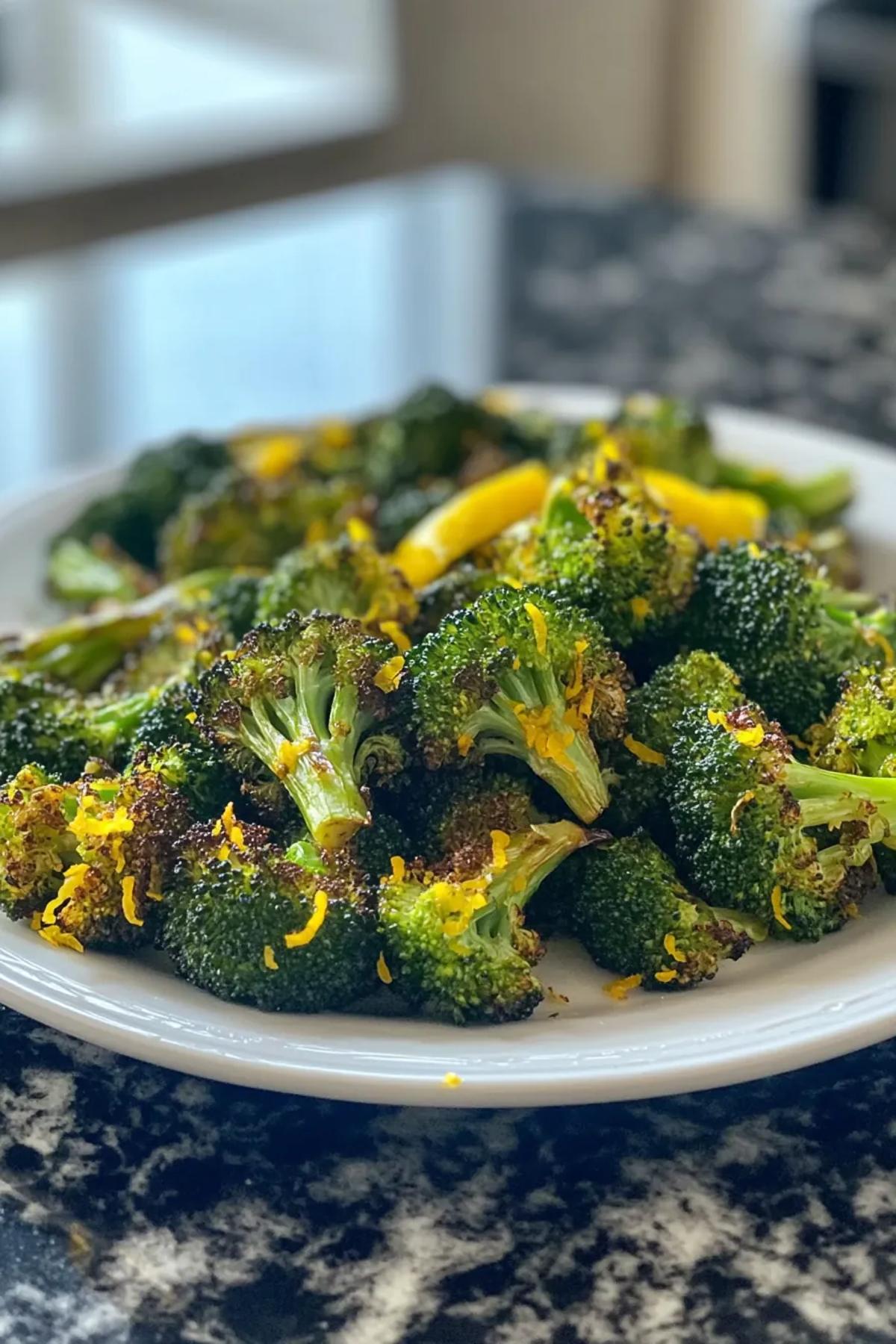 Crispy broccoli florets with lemon zest in an air fryer basket. card