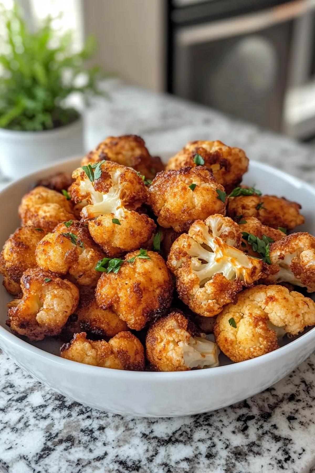 Golden-brown crispy cauliflower florets in an air fryer basket, garnished with fresh herbs. card