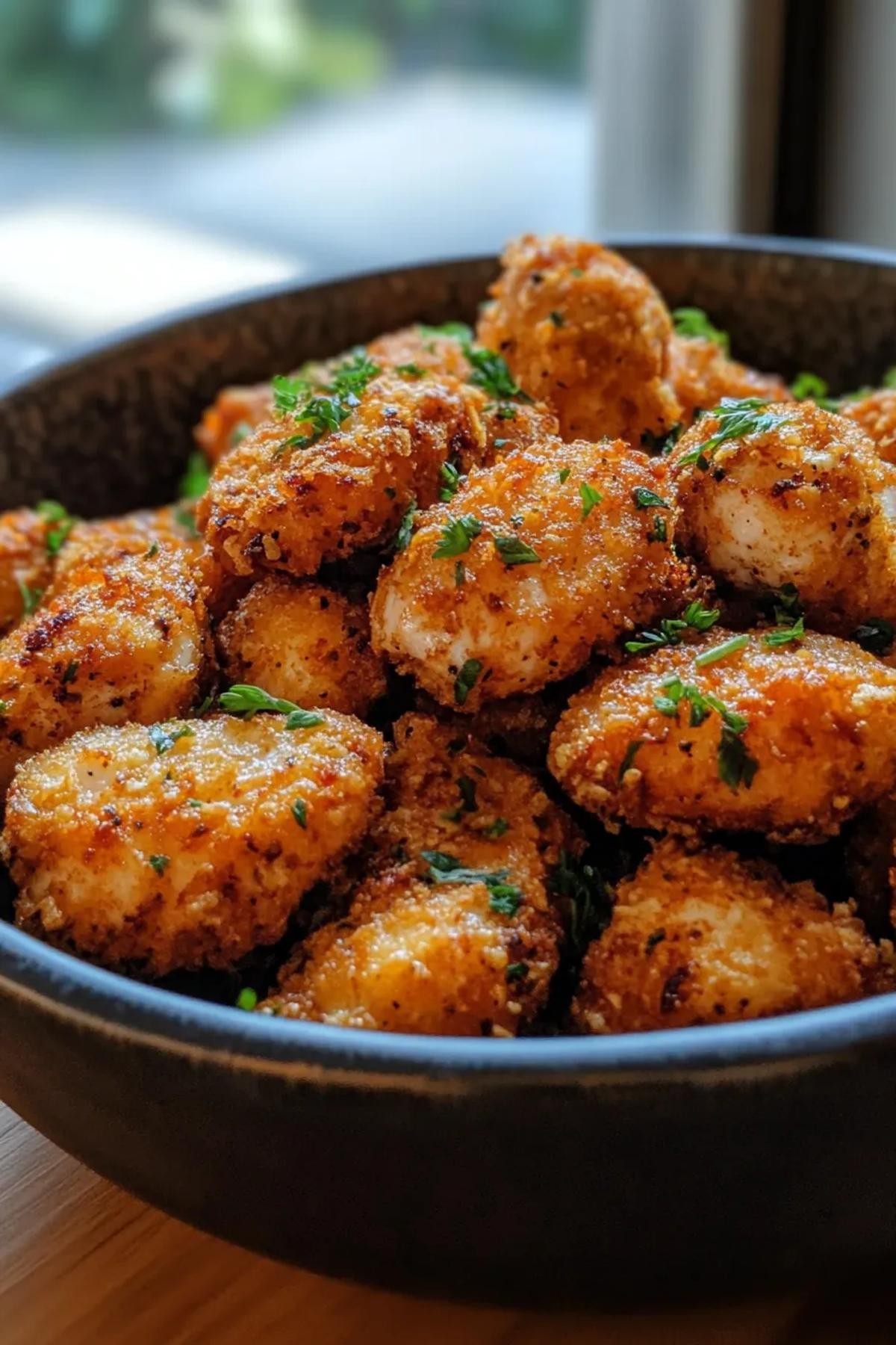 Golden‑brown air fryer salmon bites tossed with a random herb blend, served on a rustic wooden platter with lemon wedges and a sprinkle of sea salt, showcasing their crispy exterior and tender pink interior.
