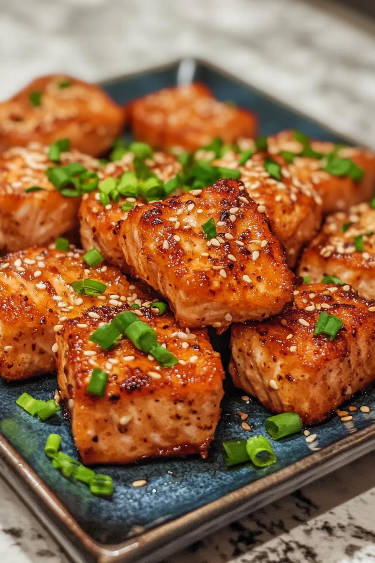 Crispy air fryer salmon bites glazed with sesame oil, garnished with toasted sesame seeds and fresh scallions on a rustic wooden platter, showcasing golden edges and flaky interior card