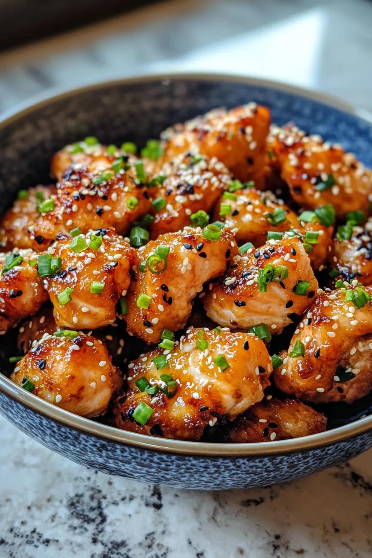 Crispy air fryer salmon bites glazed with sesame oil, garnished with toasted sesame seeds and fresh scallions on a rustic wooden platter, showcasing golden edges and flaky interior