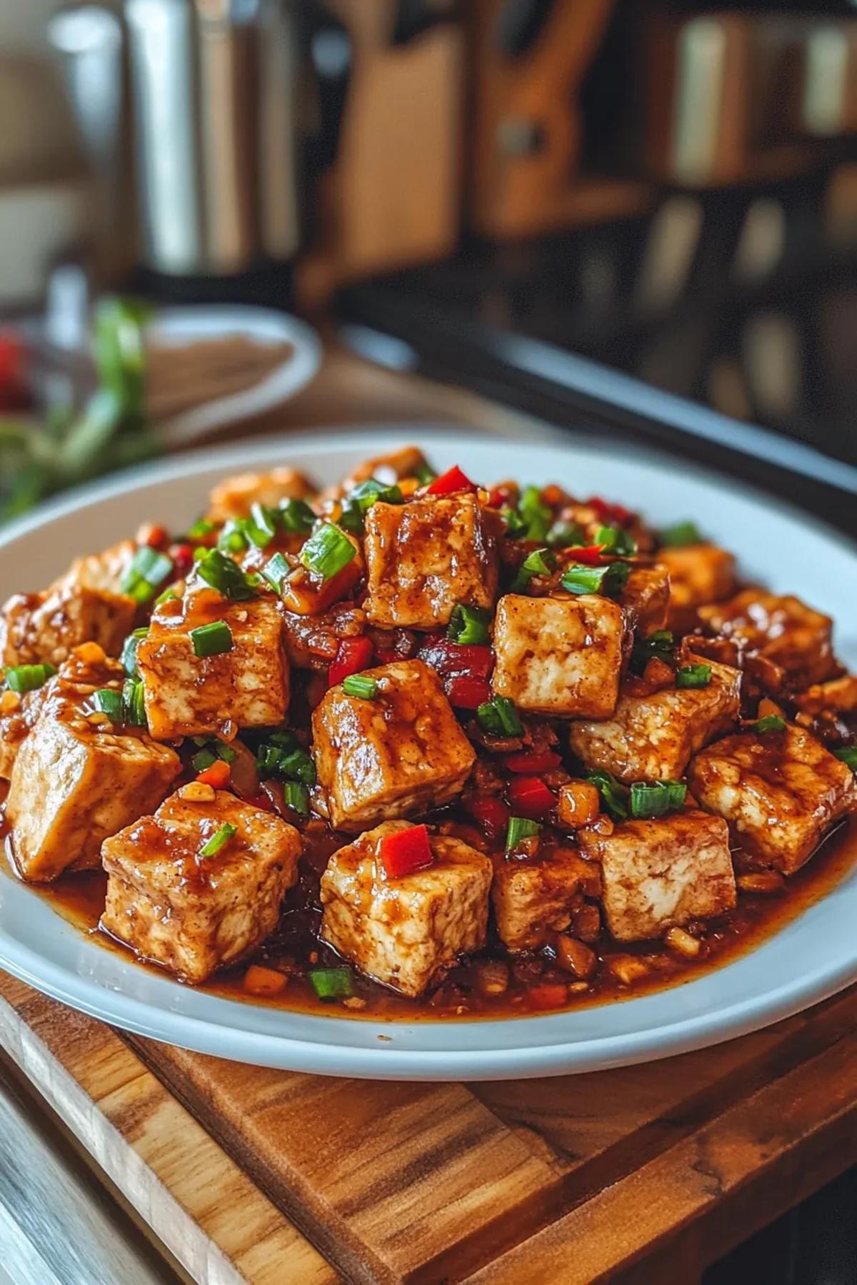 Golden crispy tofu cubes drizzled with spicy peanut sauce, garnished with fresh cilantro. card