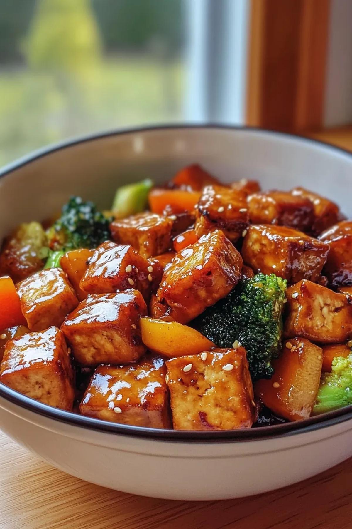 Crispy tofu stir-fry with vibrant seasonal vegetables in a wok. card