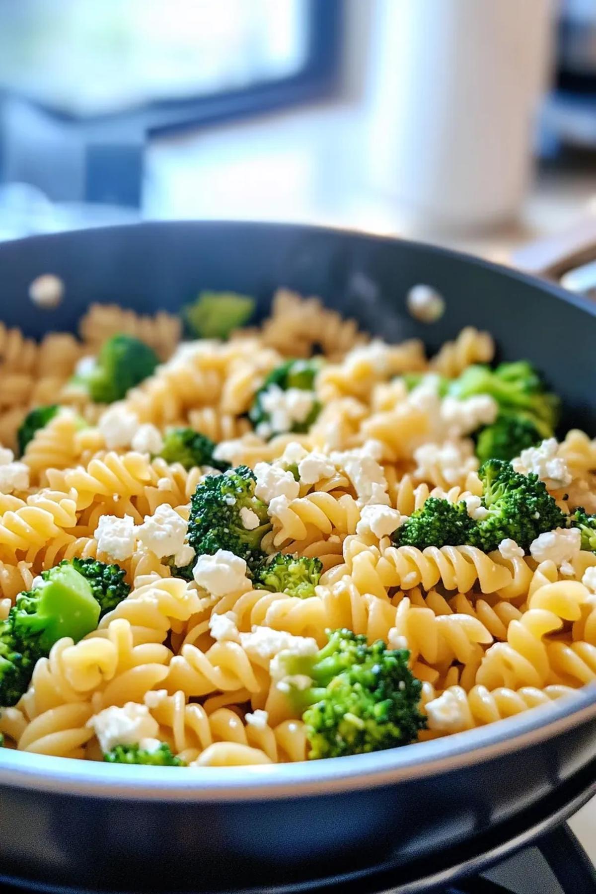 A vibrant bowl of one pot pasta broccoli feta, featuring al dente pasta, bright green broccoli florets, and crumbled feta cheese, garnished with fresh herbs.