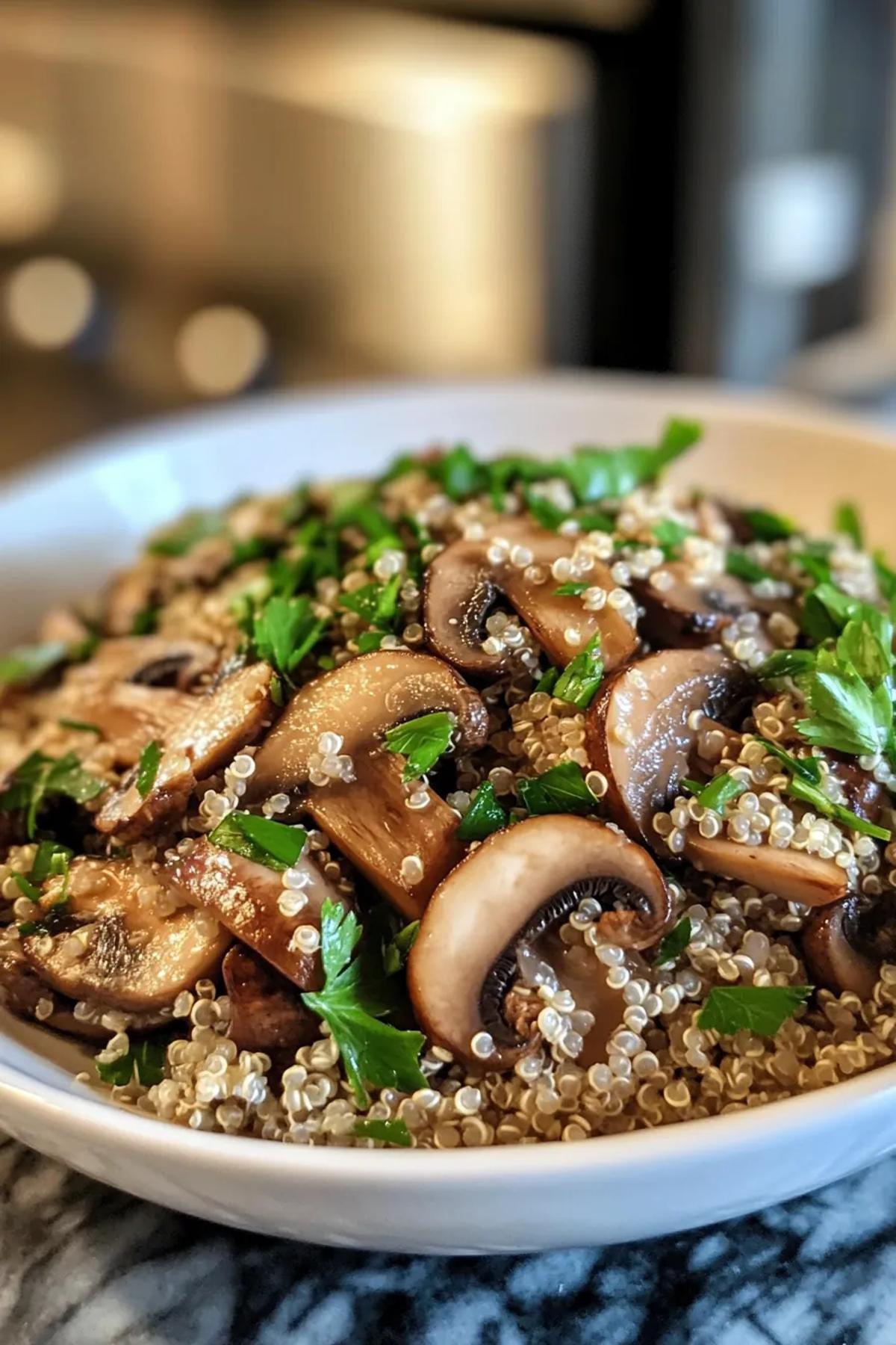 Savory mushroom and quinoa dish garnished with fresh herbs in a rustic bowl. card