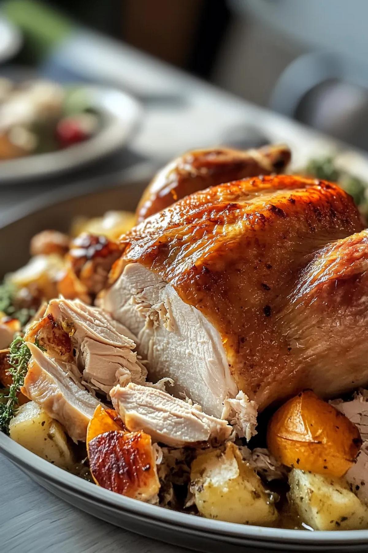 A succulent, golden-brown turkey roasted in a bag, surrounded by vibrant seasonal vegetables. card