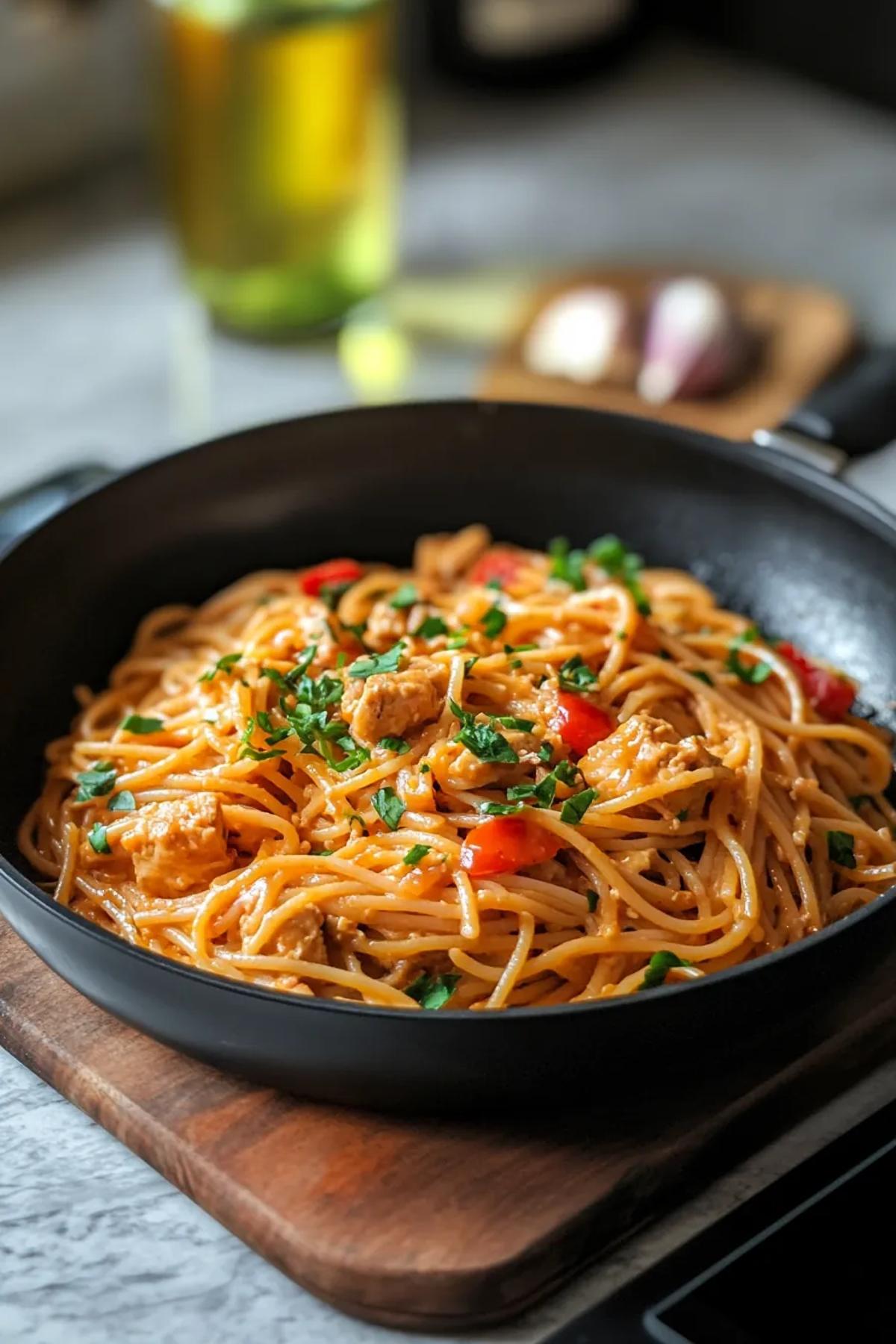 A steaming bowl of one pan miso pasta, adorned with fresh herbs and a sprinkle of parmesan, served in a rustic ceramic dish. card