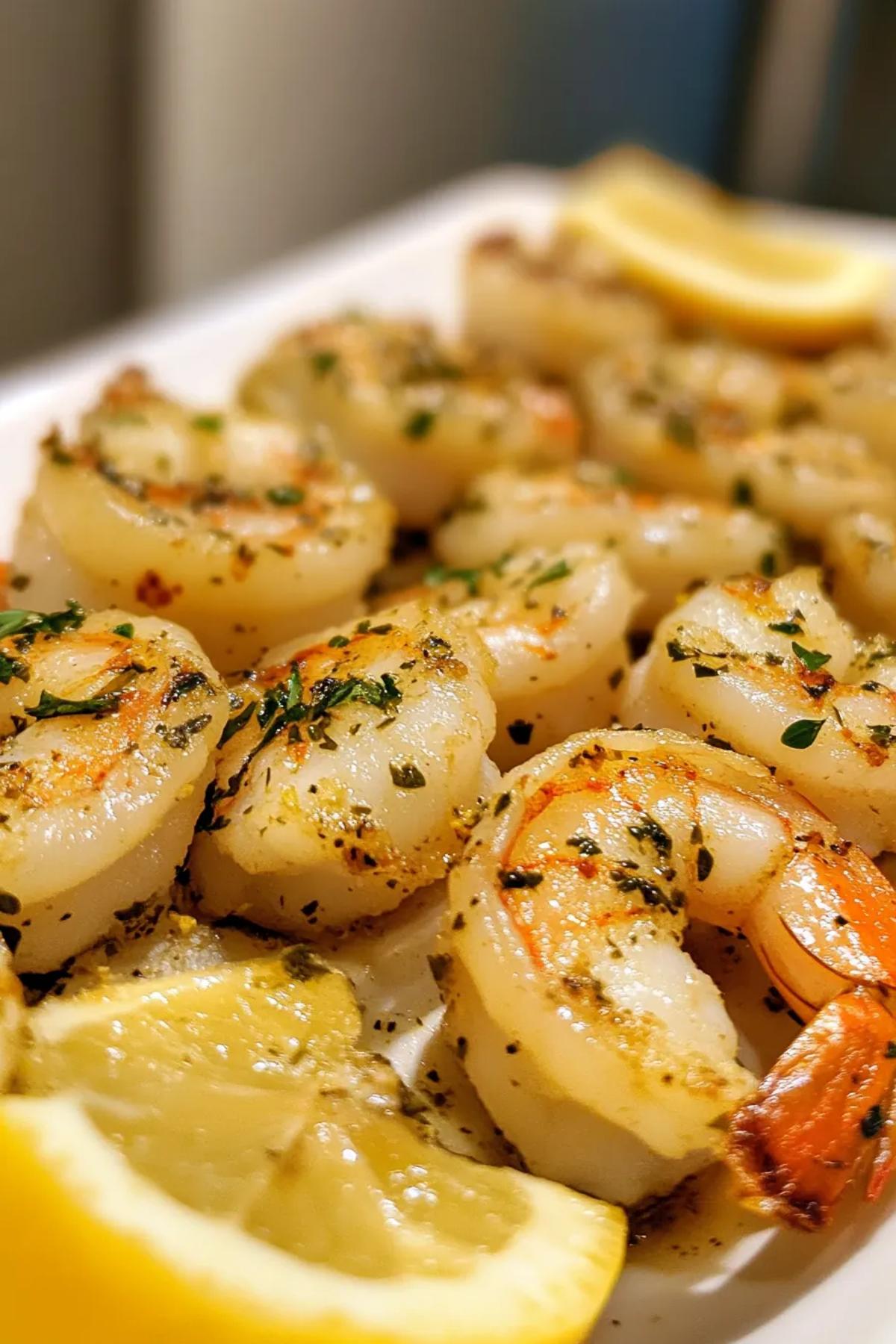 Juicy lemon herb shrimp roasted in the oven with vibrant herbs and garlic. card