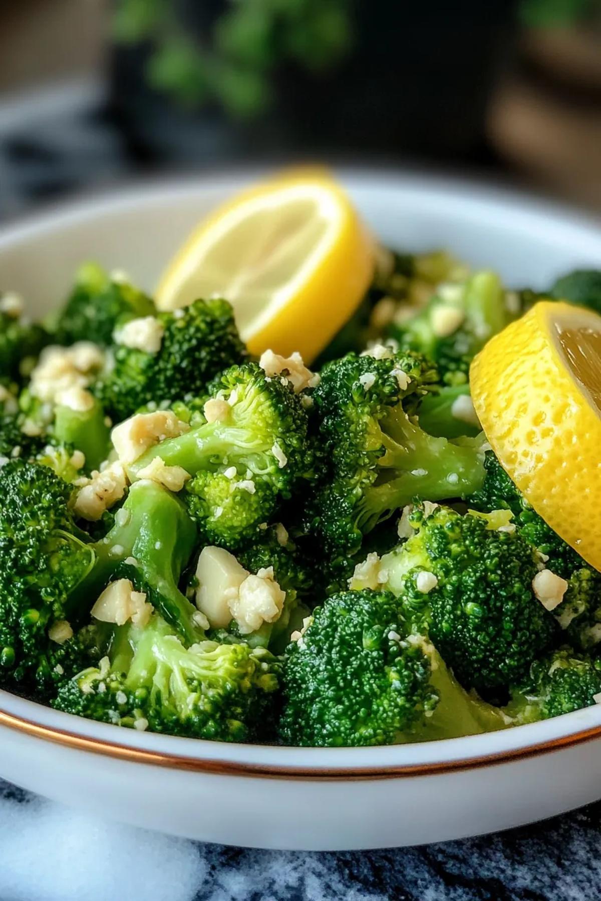 Steamed broccoli florets drizzled with lemon and garlic in a rustic white bowl. card
