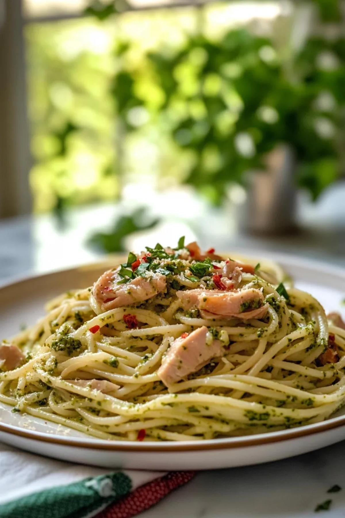 A steaming plate of tuna pesto pasta garnished with fresh basil and parmesan. card