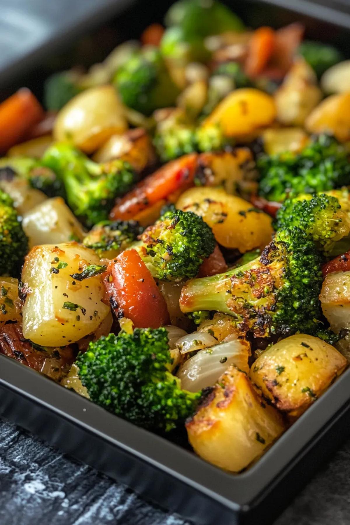 A vibrant and savory gluten free broccoli dish, served with roasted vegetables and a sprinkle of parmesan cheese, garnished with fresh parsley and a side of whole grain bread card