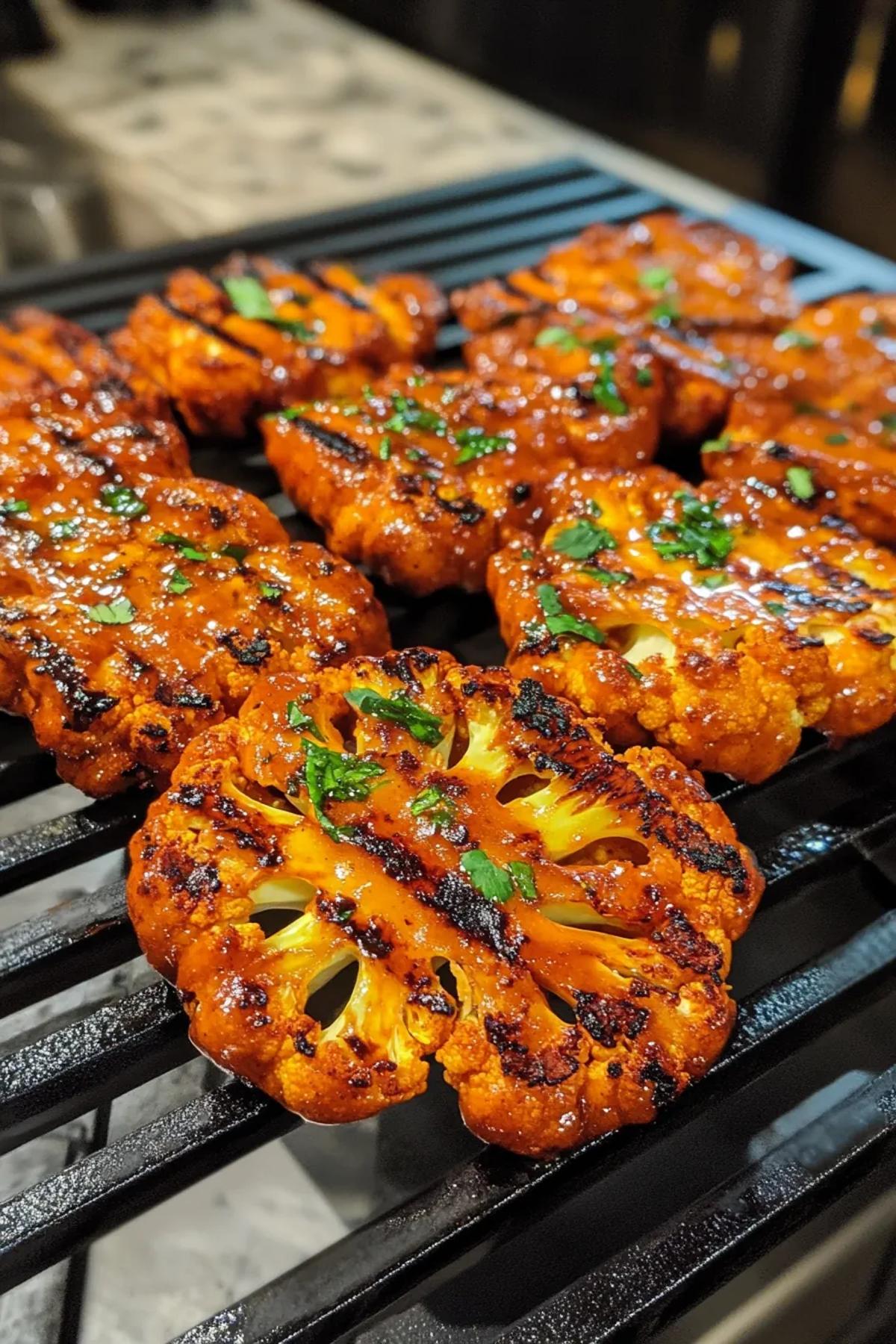 Golden, charred cauliflower steaks drizzled with a spicy gochujang glaze, garnished with fresh cilantro and sesame seeds, served on a rustic white plate. card