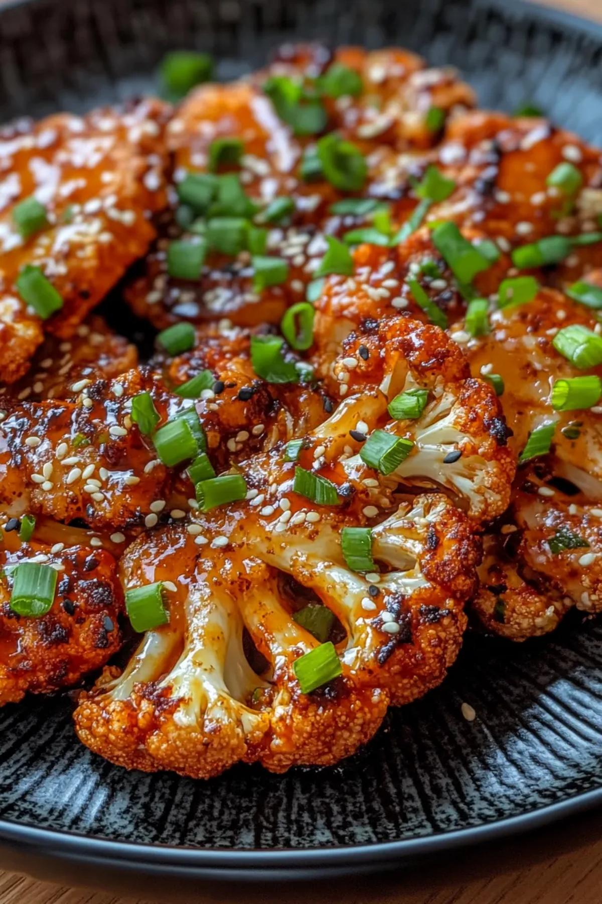 Golden, charred cauliflower steaks drizzled with a spicy gochujang glaze, garnished with fresh cilantro and sesame seeds, served on a rustic white plate.