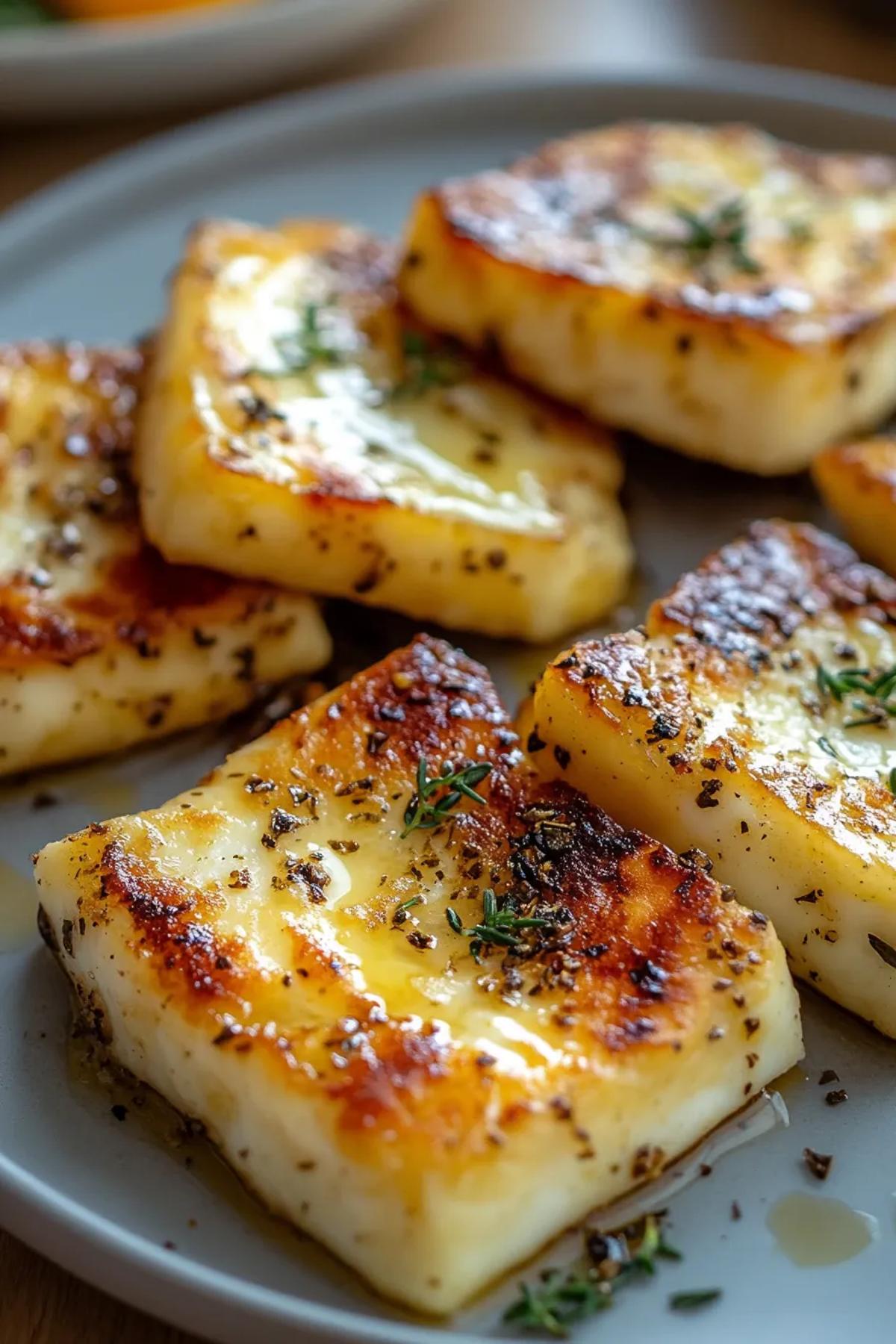 Golden air fryer halloumi cheese slices served on a white plate, accompanied by a tangy dipping sauce and sprigs of fresh herbs. card