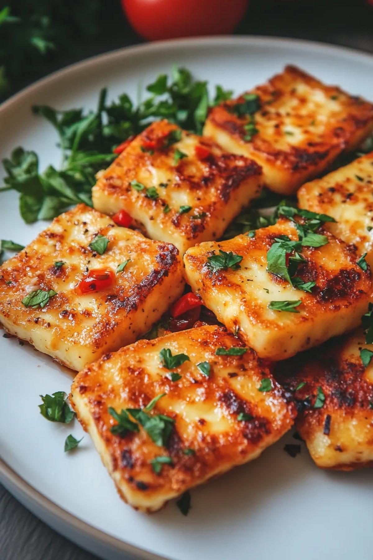 Golden air fryer halloumi cheese slices served on a white plate, accompanied by a tangy dipping sauce and sprigs of fresh herbs.
