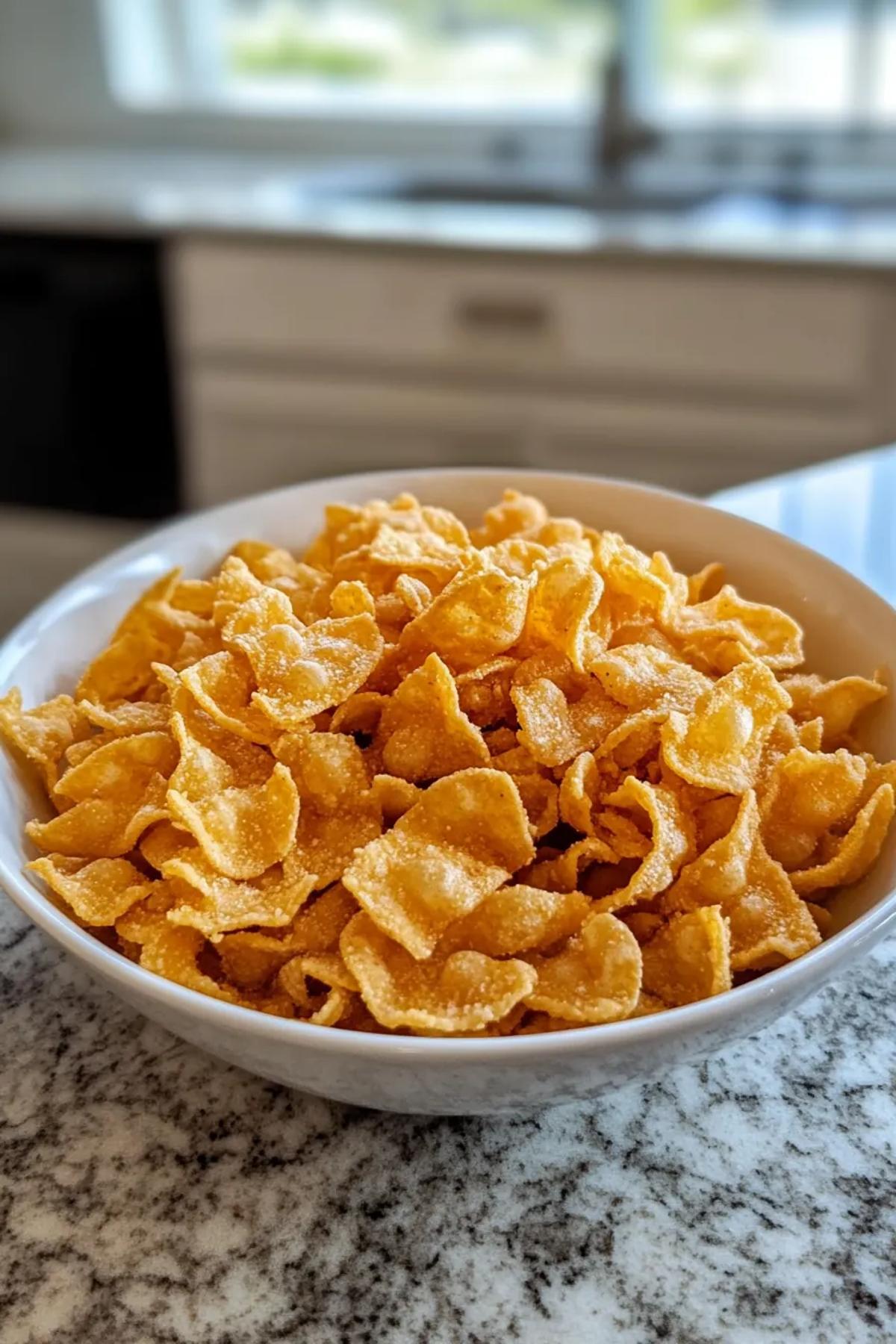 A bowl of golden crispy pasta snack glistening with olive oil, speckled with herbs and random diced vegetables, served on a rustic wooden board with a side of tangy dipping sauce card