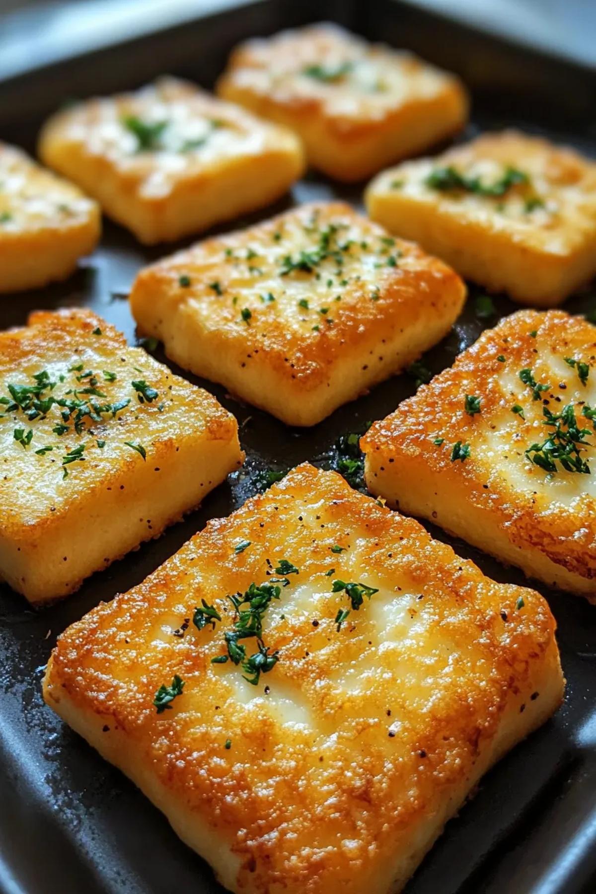 Golden fried halloumi appetizer served on a vibrant ceramic platter, garnished with fresh herbs and lemon wedges, showcasing its crispy golden brown exterior.