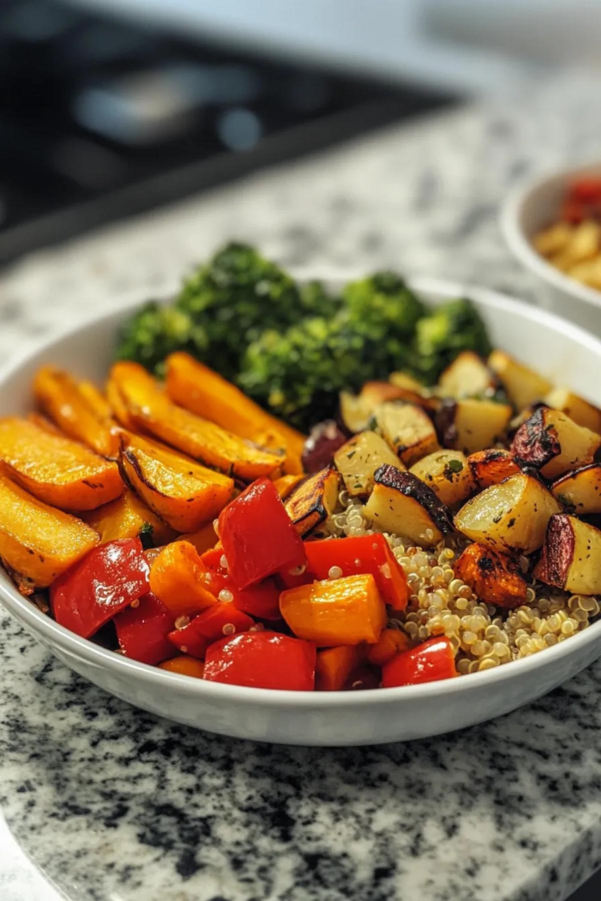 A colorful bowl of quinoa and roasted vegetables, garnished with fresh herbs and lemon slices. card
