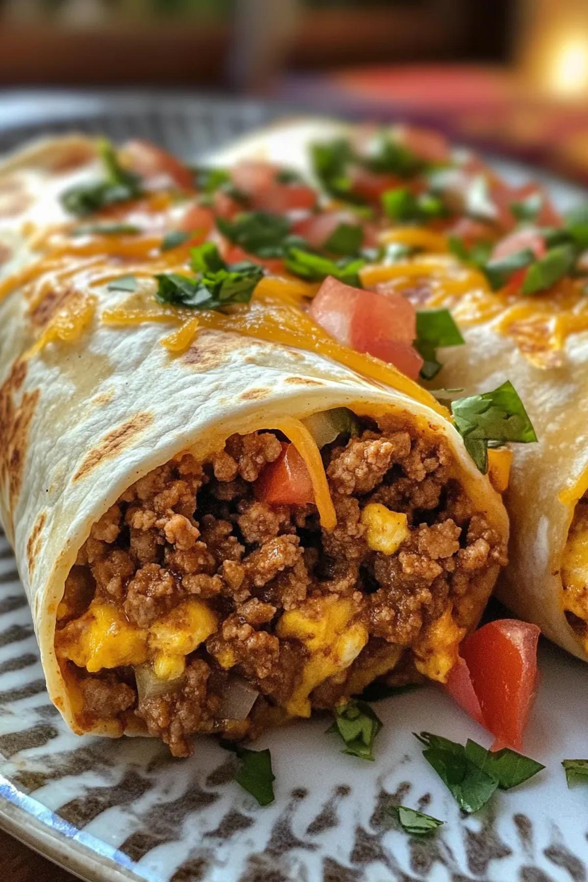 A vibrant healthy ground beef breakfast burrito, bursting with colorful vegetables and topped with fresh cilantro, served on a rustic plate. card