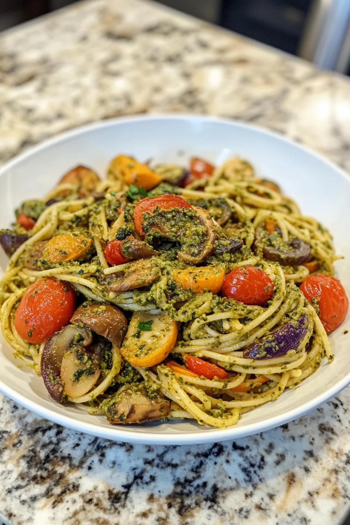 A delicious bowl of hearty gluten free pasta with vibrant roasted vegetables, drizzled with homemade pesto, garnished with fresh basil and pine nuts. card