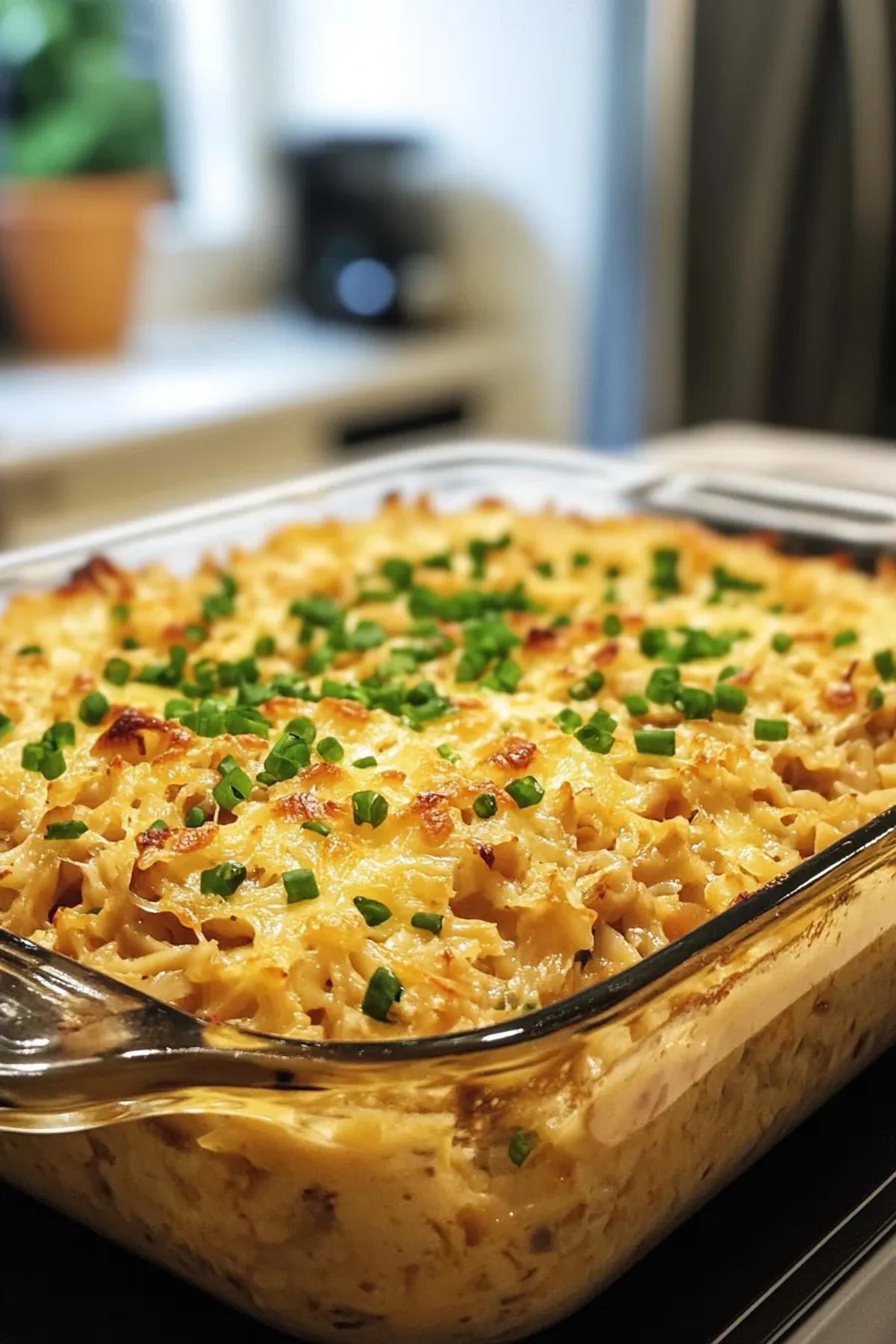 A steaming one pot tuna noodle casserole with a golden crust of melted cheese. card