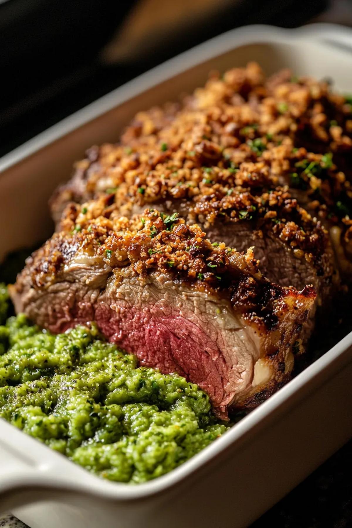 Sumptuous Herb-Crusted Lamb with Minted Pea Puree