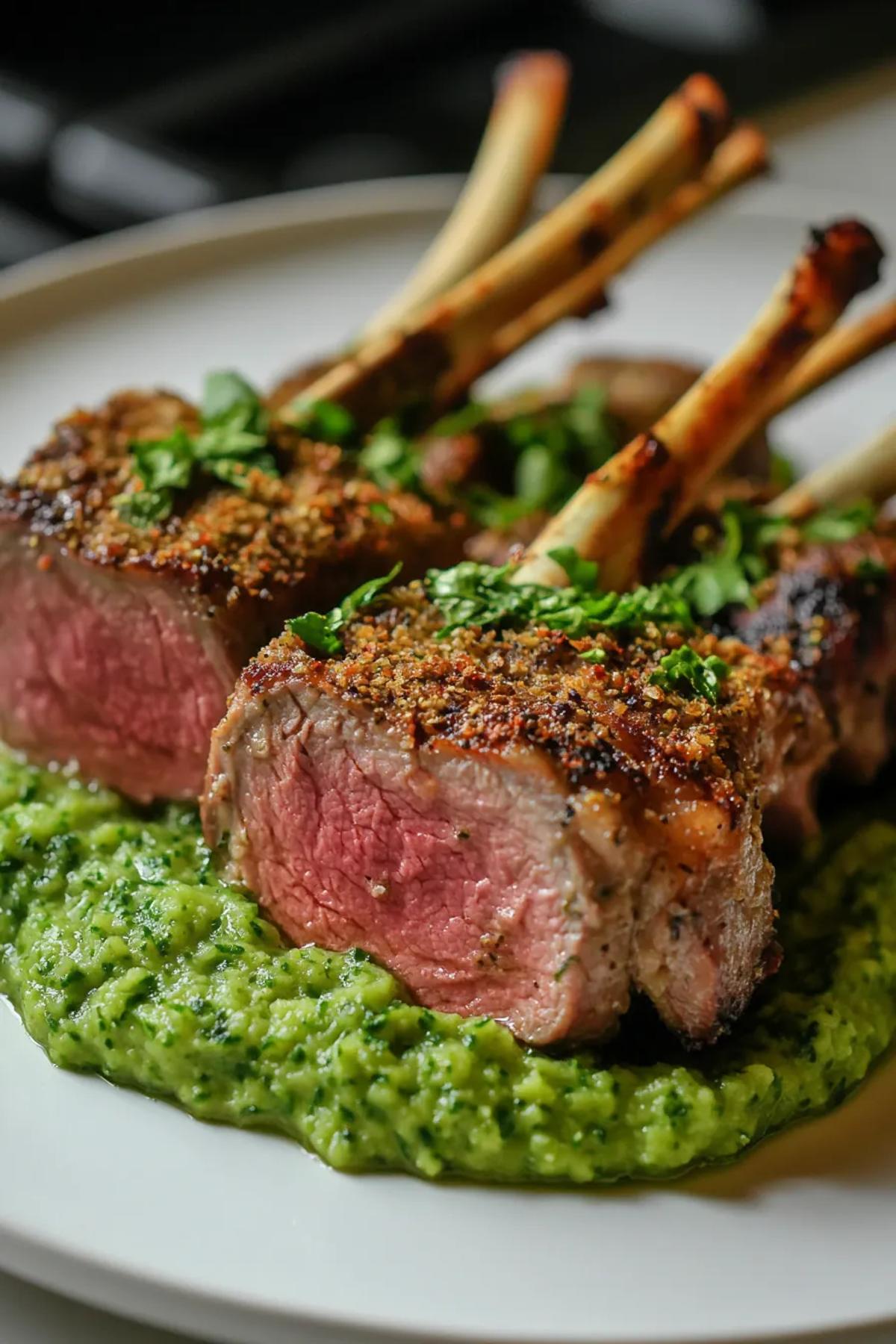 Herb-crusted lamb served with vibrant minted pea puree on a rustic wooden table. card