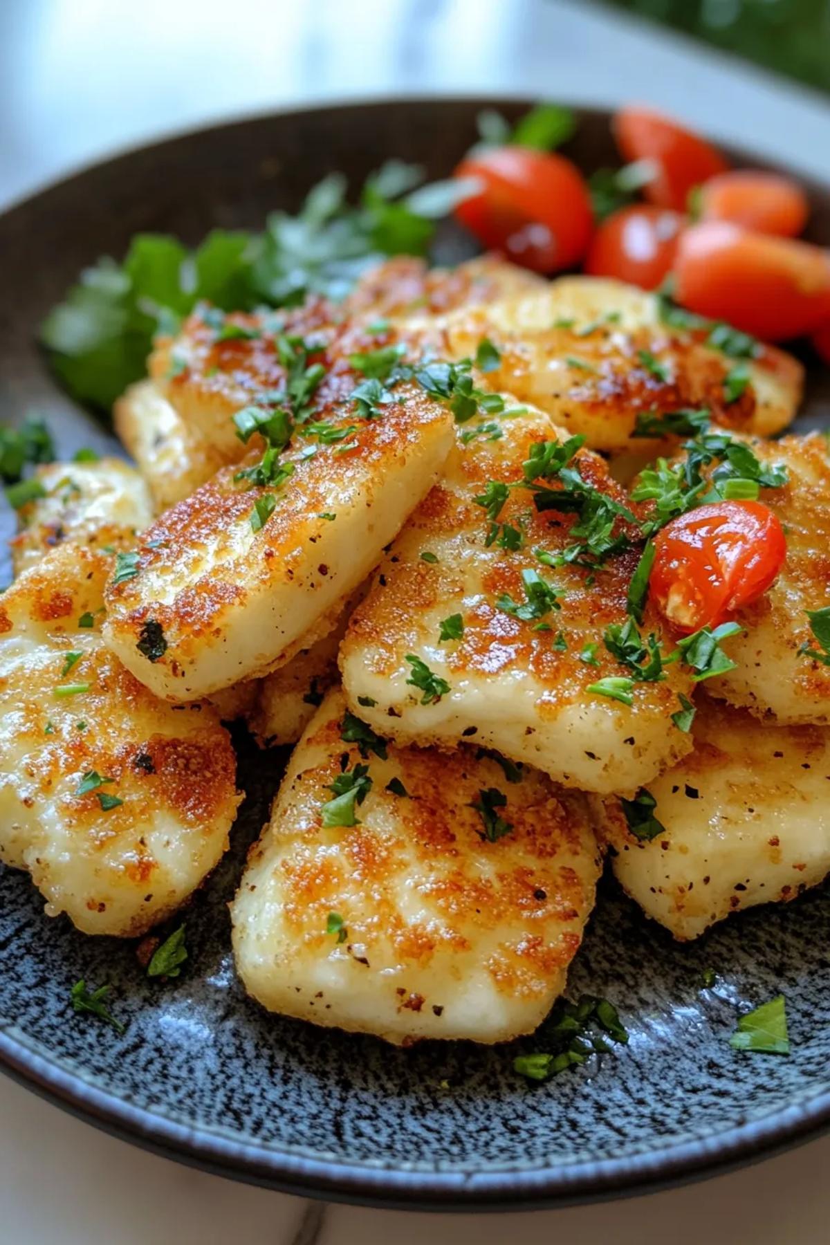 Crispy fried halloumi slices served with a tangy lemon wedge and fresh herbs, creating a beautiful contrast of textures and colors.