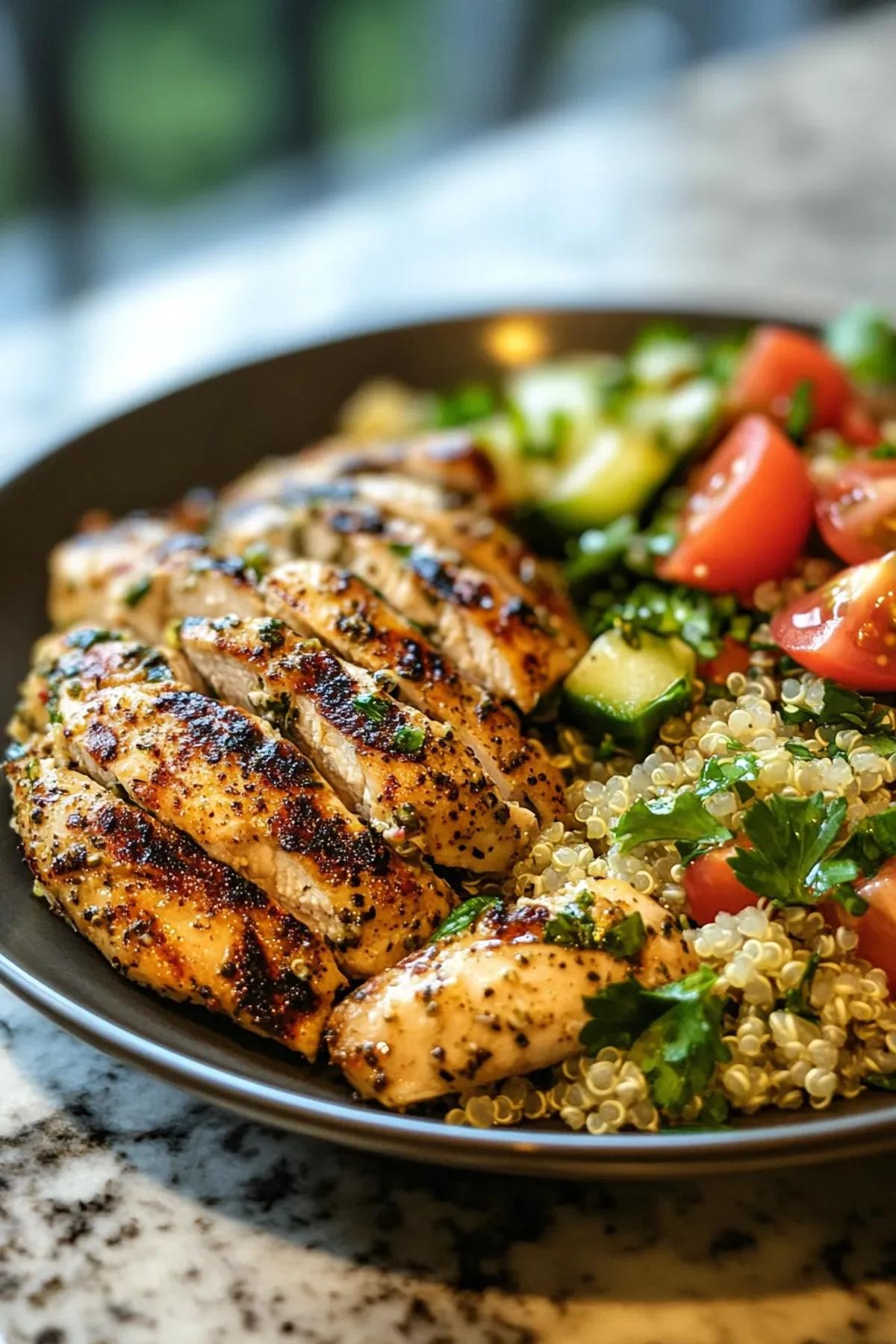 Juicy lemon herb grilled chicken served with colorful quinoa salad on a rustic plate. card