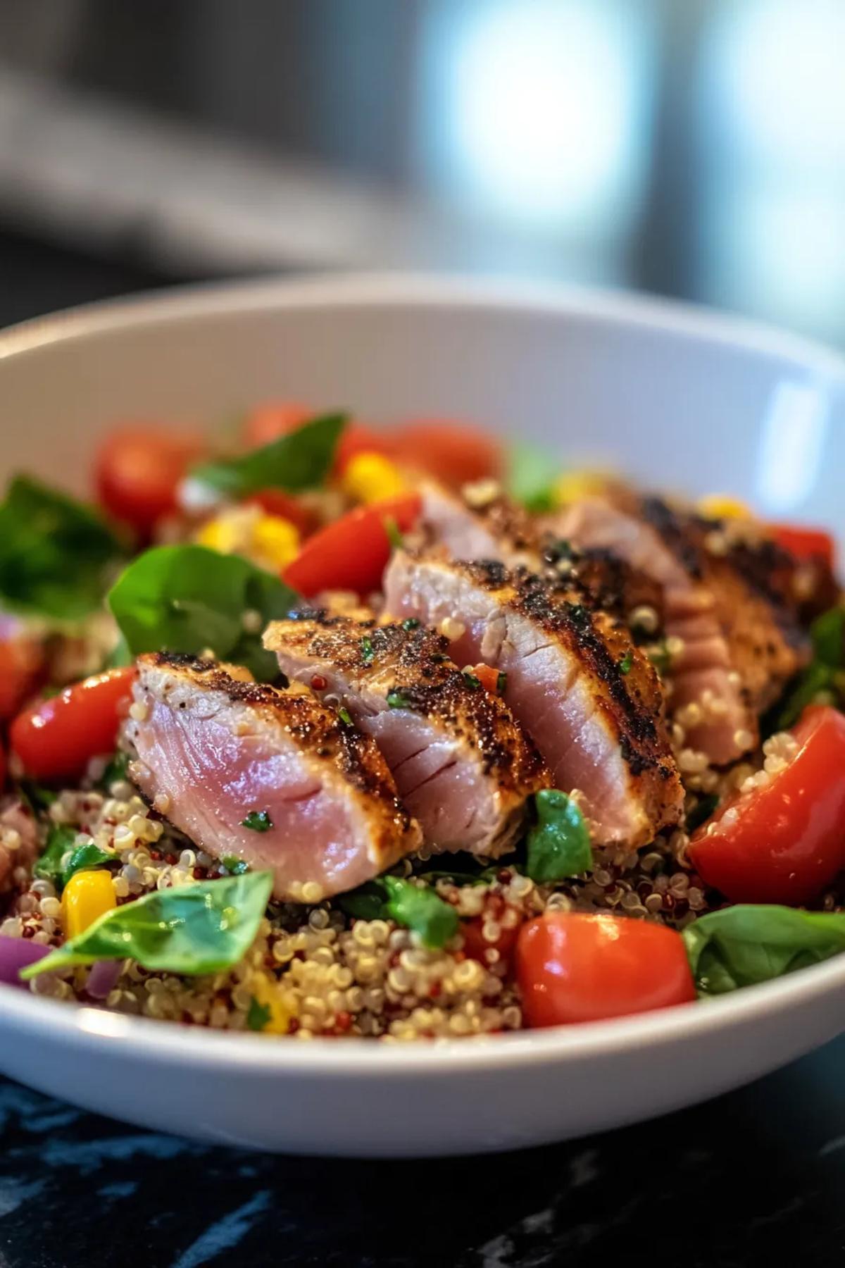 Grilled tuna steak served over a colorful quinoa salad with cherry tomatoes, cucumbers, and olives. card