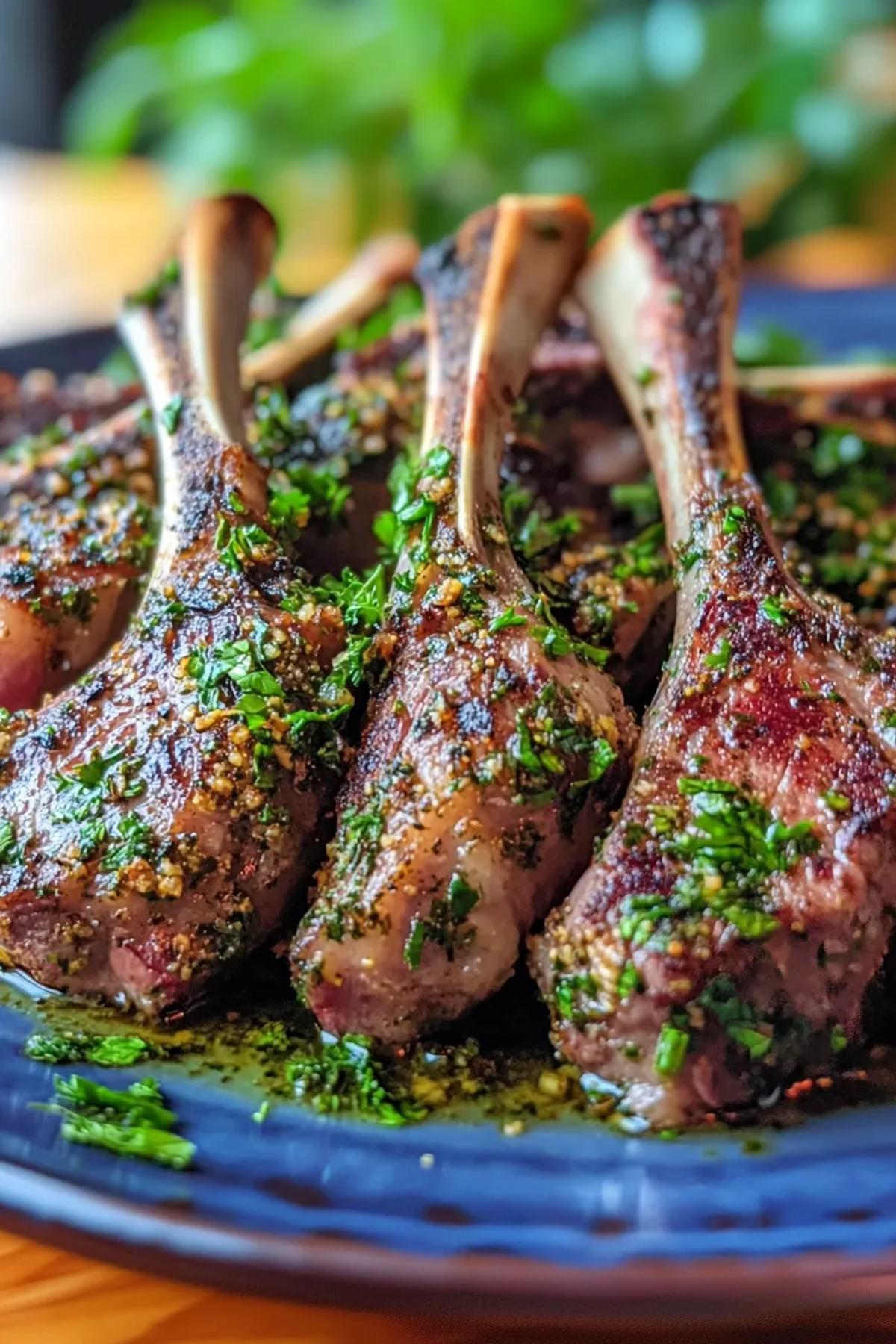 Juicy lamb chops with a vibrant herb crust served on a rustic wooden board. card