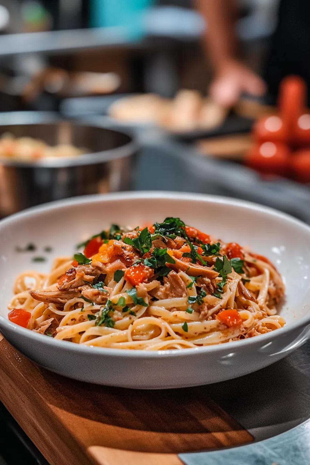 A vibrant bowl of Mediterranean quick tuna pasta with olives, cherry tomatoes, and fresh basil. card