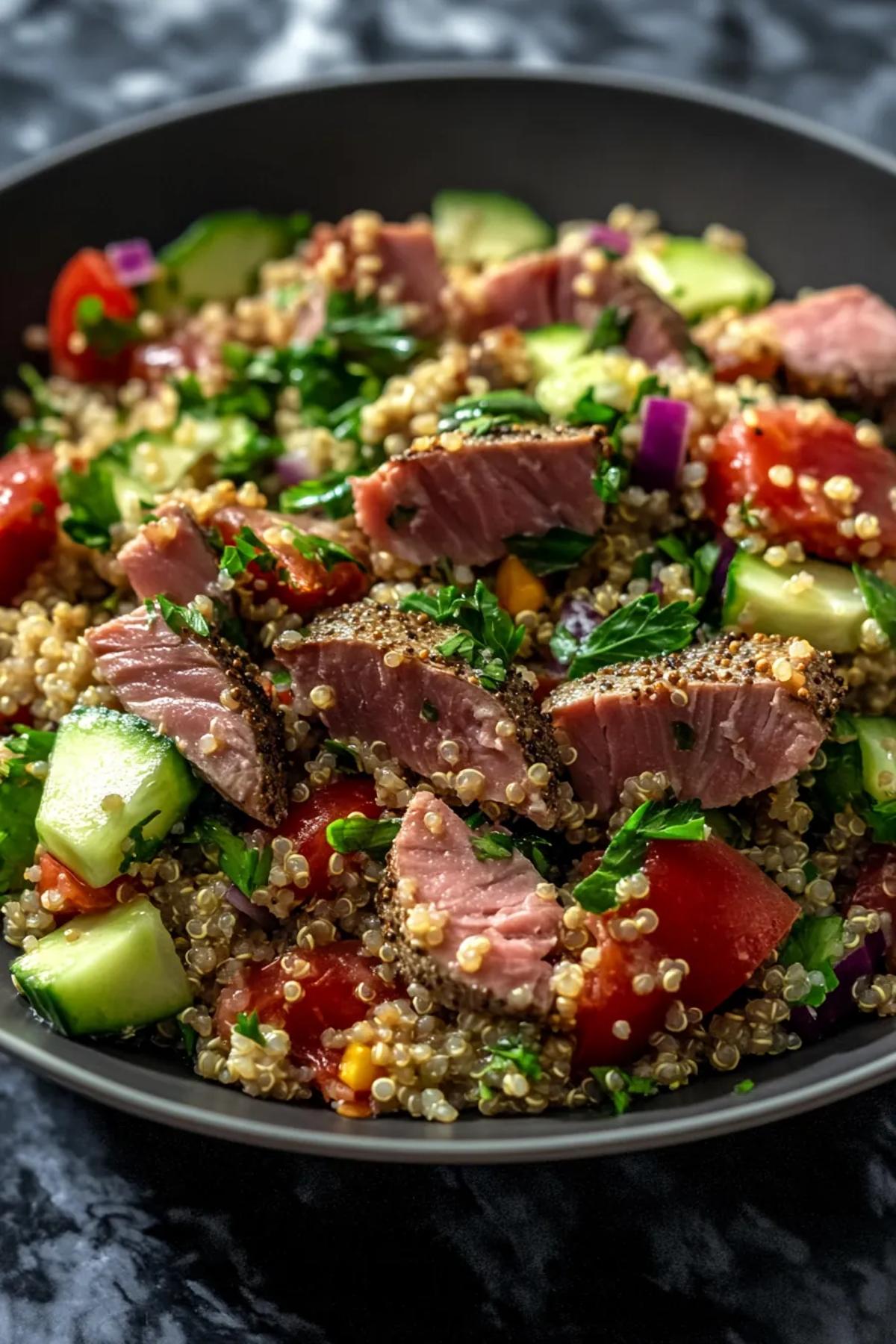 A colorful Mediterranean quinoa and tuna salad with cherry tomatoes and cucumbers in a ceramic bowl. card