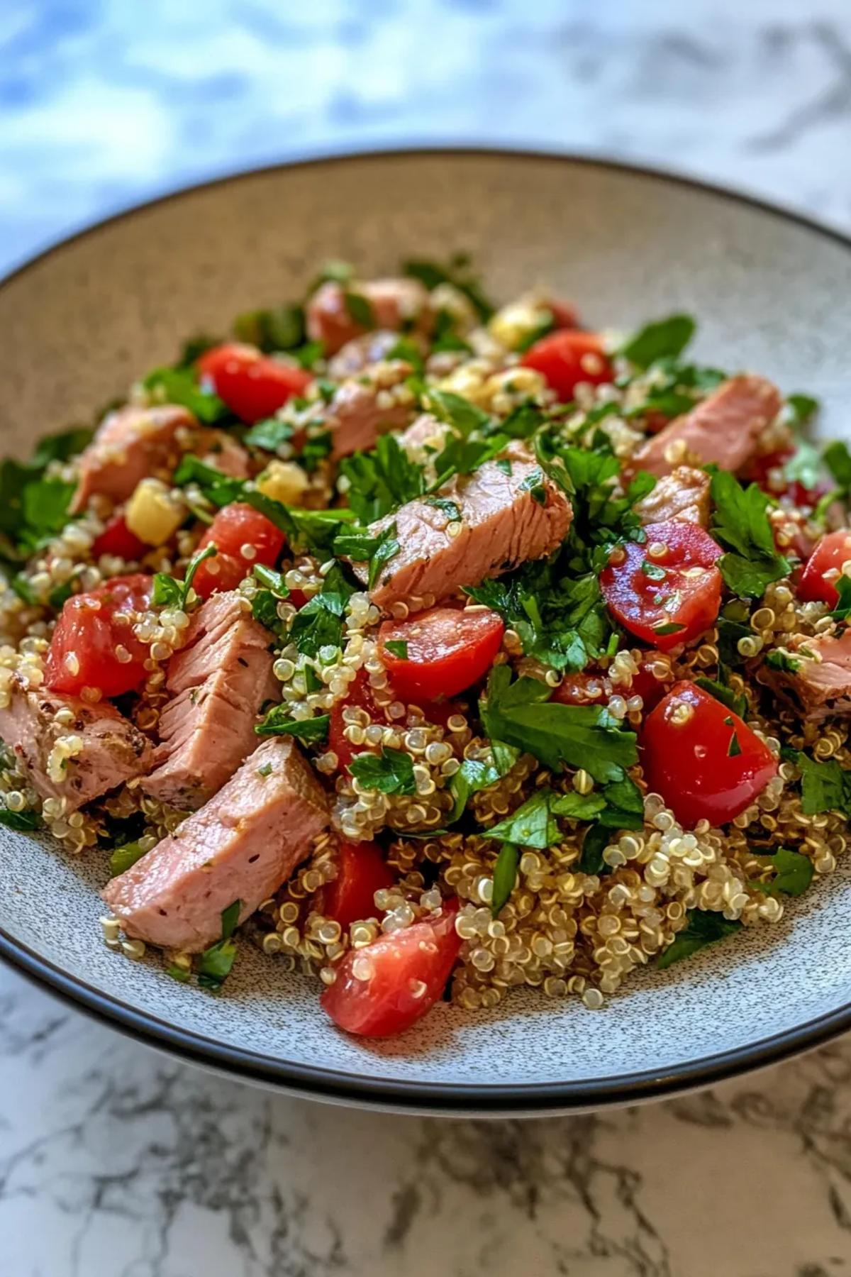 A colorful bowl of Mediterranean tuna and quinoa salad with olives, cherry tomatoes, and fresh herbs. card
