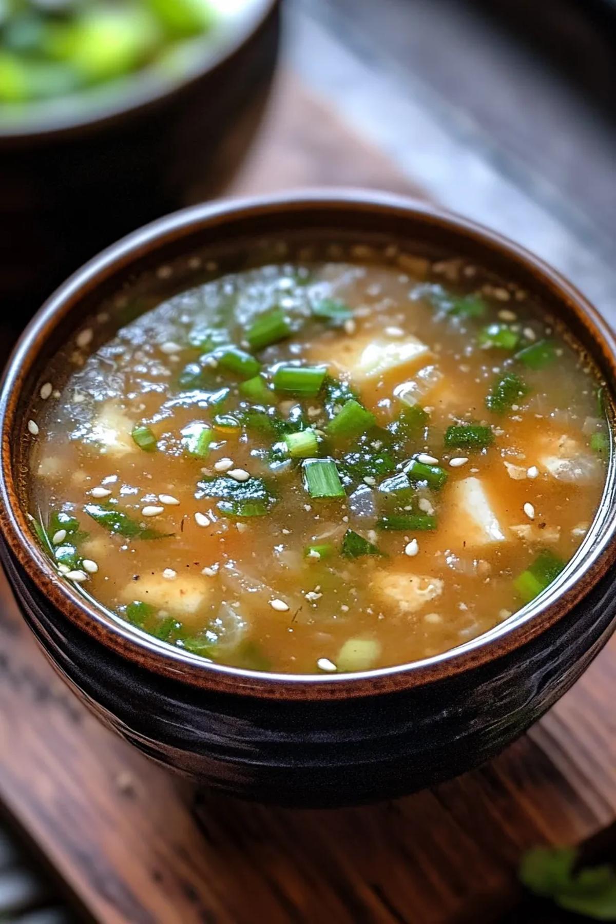 A bowl of slow cooker miso soup brimming with tofu, seaweed, and fresh green onions, showcasing vibrant colors and delicate textures. card