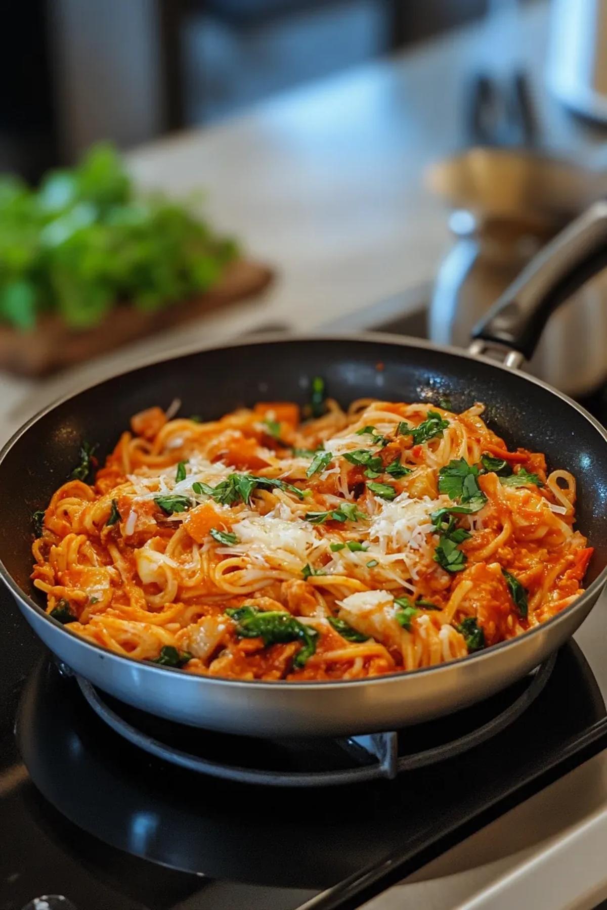 Vibrant one pan gochujang pasta with a rich, spicy sauce, garnished with fresh herbs and sesame seeds in a rustic pan.