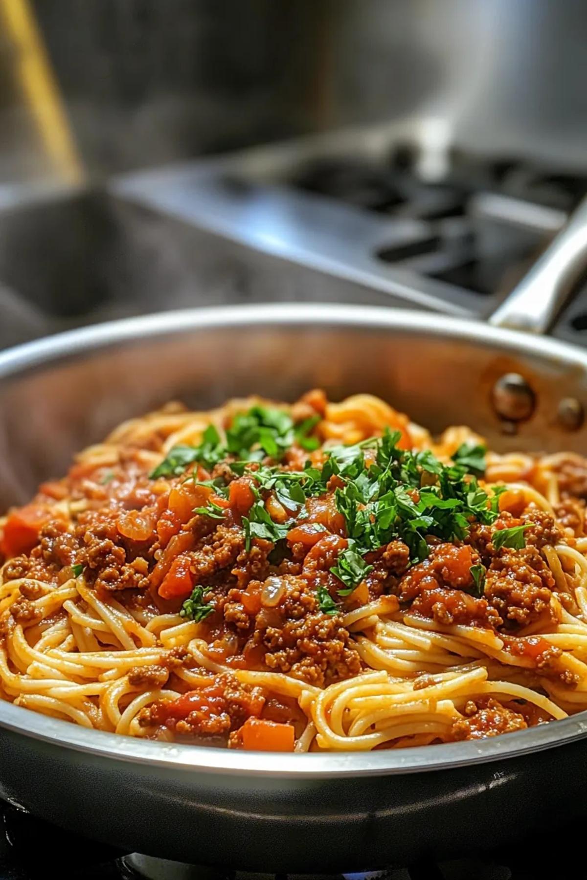 One pan pasta harissa bolognese served in a rustic skillet, glossy tomato‑harissa sauce clinging to al dente spaghetti, topped with fresh basil and a dusting of Parmesan cheese